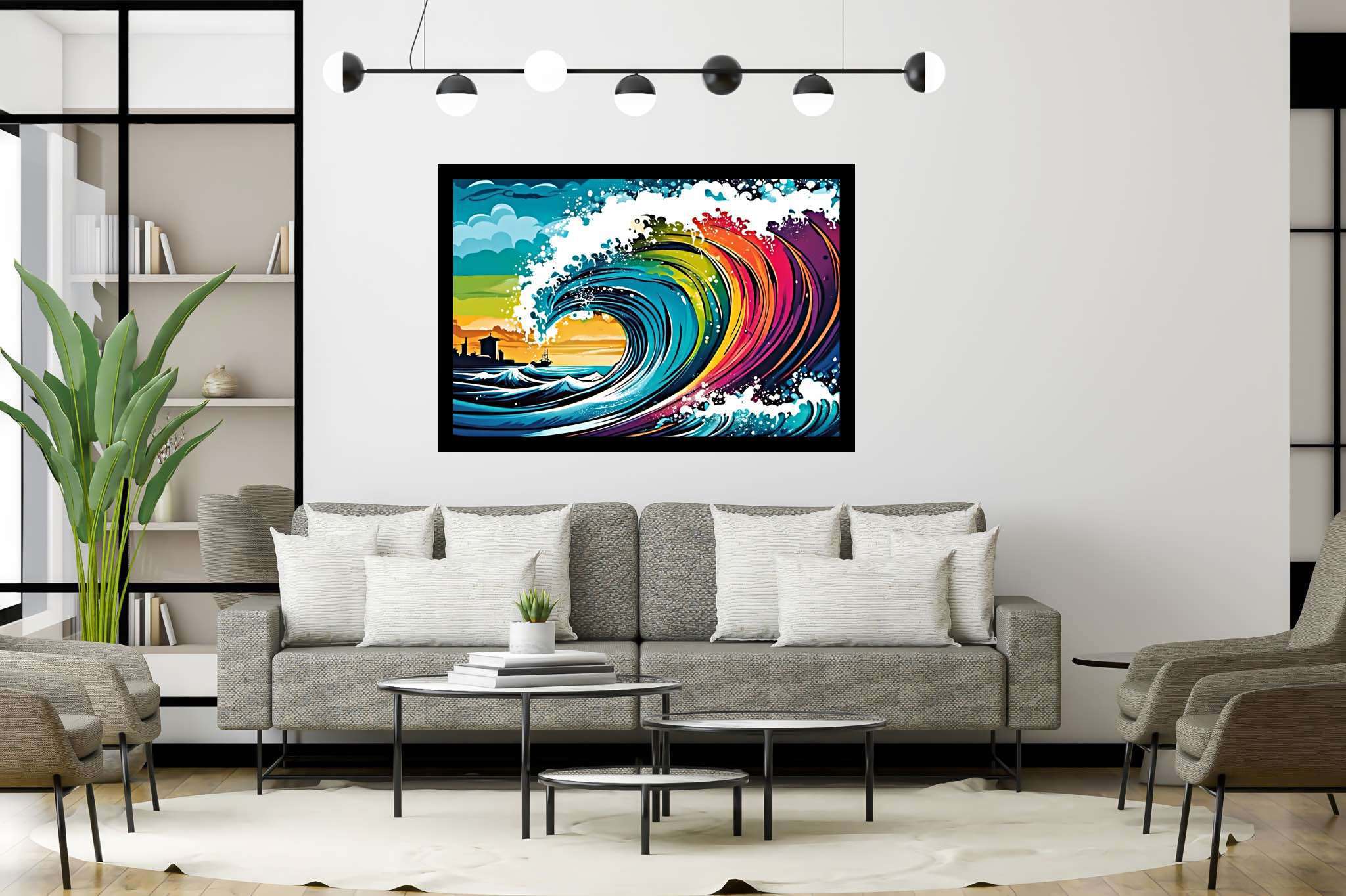 Ocean's labyrinthine dreams: Surreal wave art with surreal wave fantasy, in a room with minimalist approach, photographic wall art, and luxe decor. The art can be printed on poster, framed poster, canvas, metal, acrylic or wood, exclusively at WallArtZen. Find this exact print at https://wallartzen.com/waz199