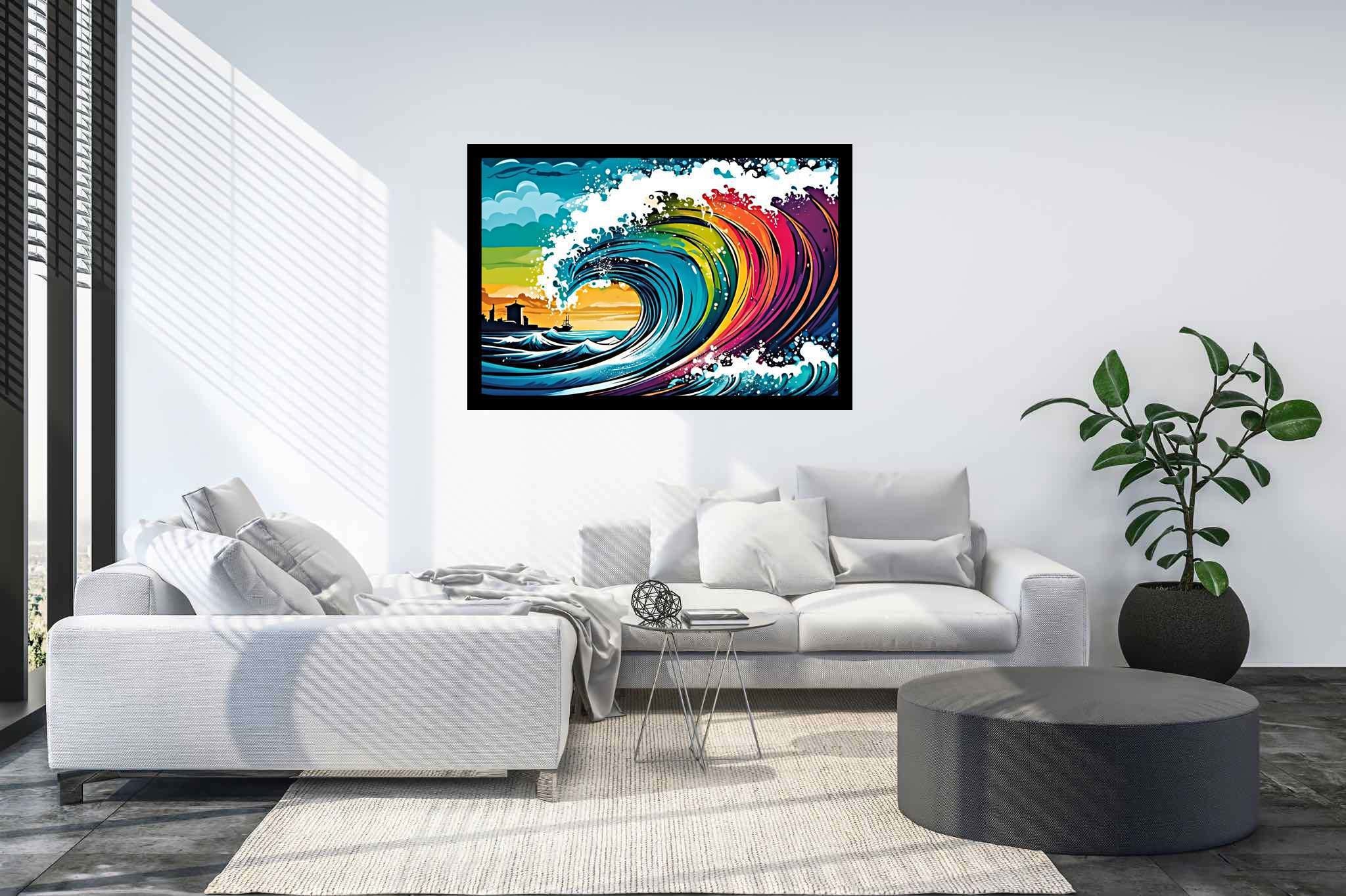 Ocean's labyrinthine dreams: Surreal wave art with magical seascape paintings, in a room with contemporary flair, canvas prints, and home furnishings. The art can be printed on poster, framed poster, canvas, metal, acrylic or wood, exclusively at WallArtZen. Find this exact print at https://wallartzen.com/waz199