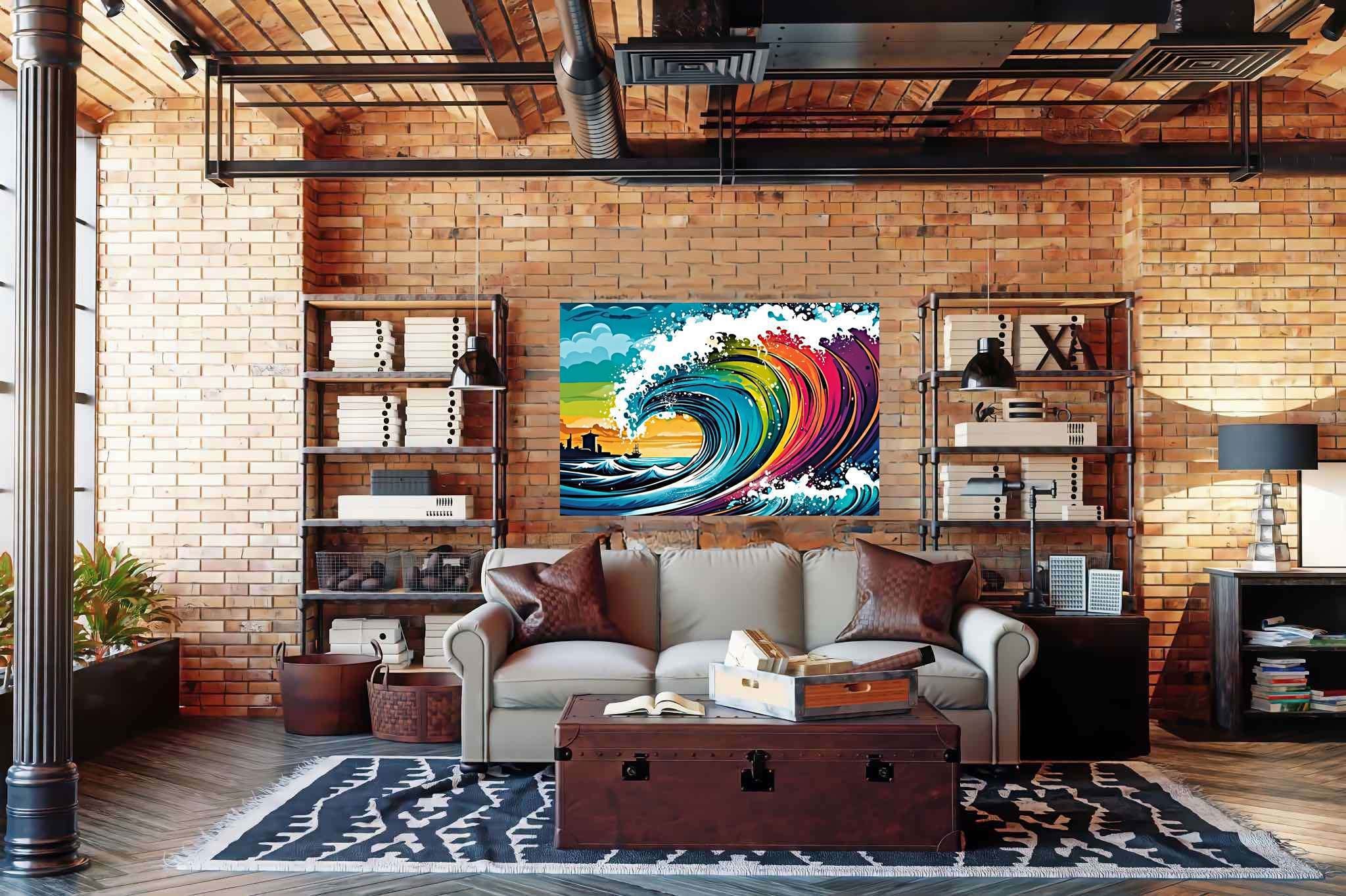 Ocean's labyrinthine dreams: Surreal wave art with surrealism by the sea, in a room with chic decor, wall hangings, and luxe decor. The art can be printed on poster, framed poster, canvas, metal, acrylic or wood, exclusively at WallArtZen. Find this exact print at https://wallartzen.com/waz199