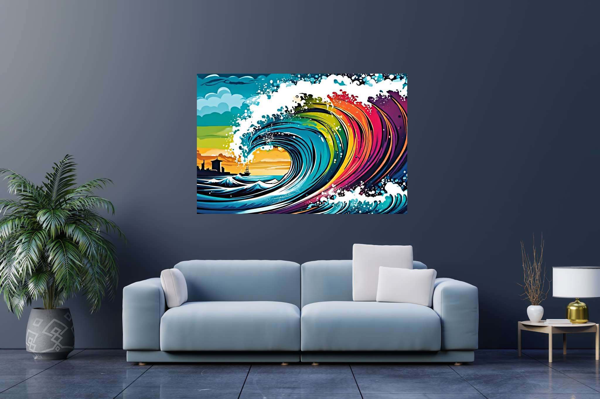 Ocean's labyrinthine dreams: Surreal wave art with fantastical oceanic artwork, in a room with elegant layout, abstract paintings, and trendy home accents. The art can be printed on poster, framed poster, canvas, metal, acrylic or wood, exclusively at WallArtZen. Find this exact print at https://wallartzen.com/waz199