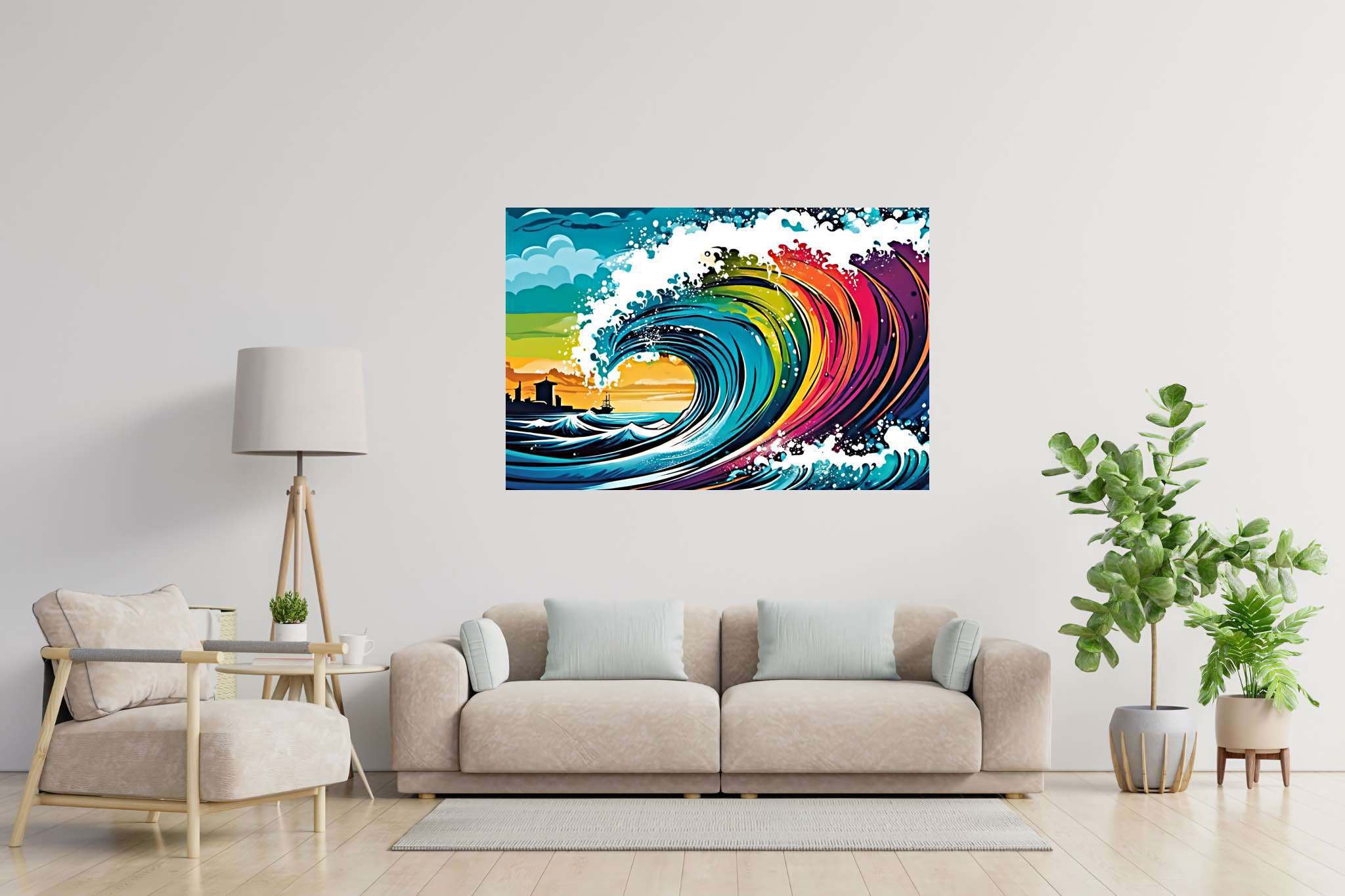 Ocean's labyrinthine dreams: Surreal wave art with whimsical wave art, in a room with elegant layout, canvas prints, and home styling items. The art can be printed on poster, framed poster, canvas, metal, acrylic or wood, exclusively at WallArtZen. Find this exact print at https://wallartzen.com/waz199