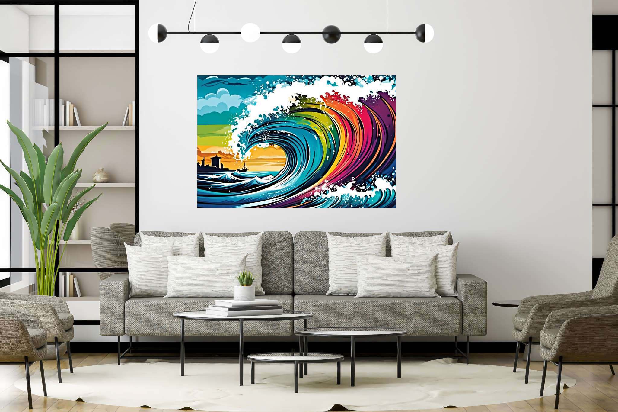 Ocean's labyrinthine dreams: Surreal wave art with surrealism by the sea, in a room with minimalist approach, framed art, and decorative pieces. The art can be printed on poster, framed poster, canvas, metal, acrylic or wood, exclusively at WallArtZen. Find this exact print at https://wallartzen.com/waz199