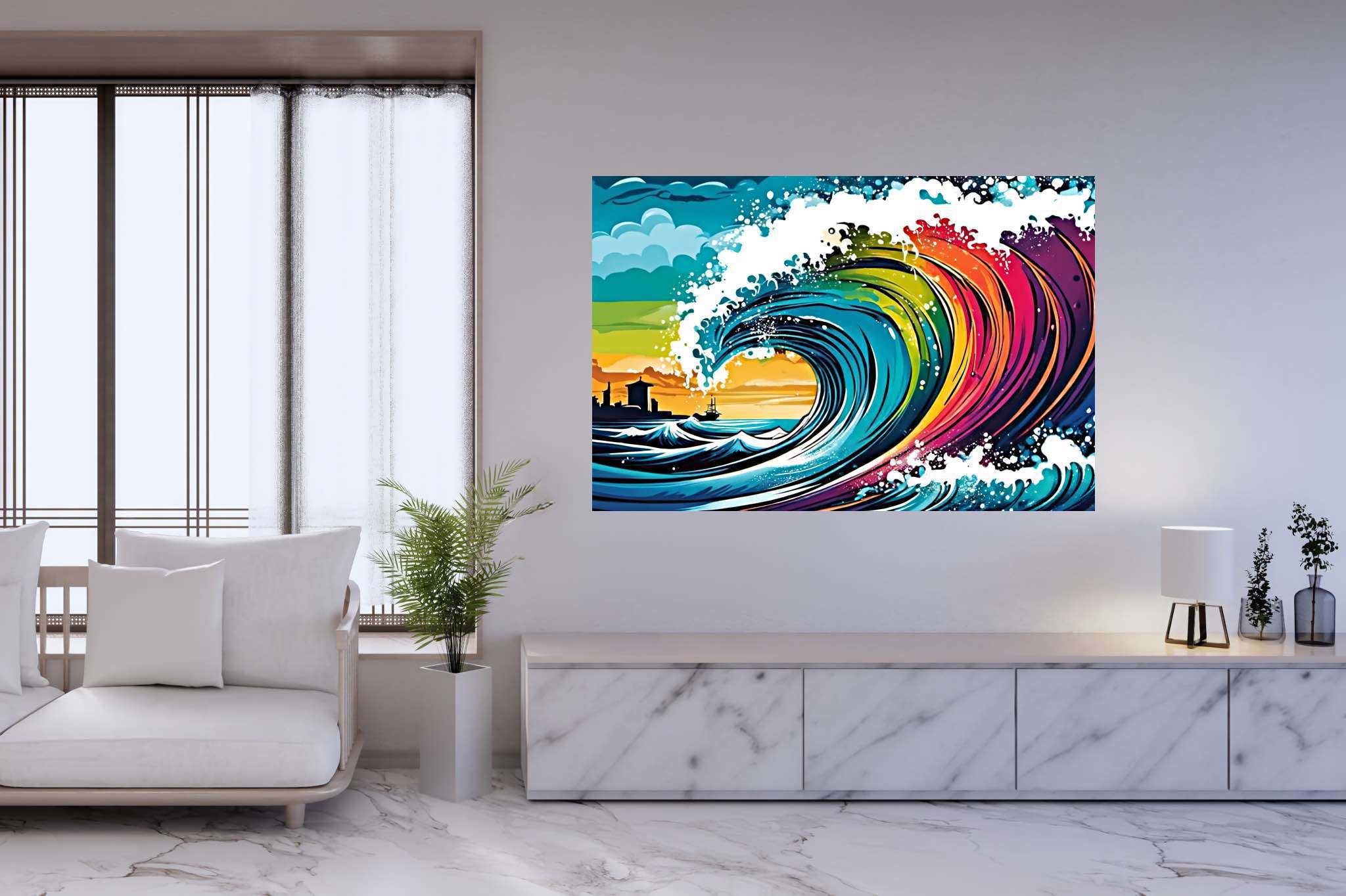 Ocean's labyrinthine dreams: Surreal wave art with dreamlike ocean paintings, in a room with artistic style, abstract paintings, and home furnishings. The art can be printed on poster, framed poster, canvas, metal, acrylic or wood, exclusively at WallArtZen. Find this exact print at https://wallartzen.com/waz199