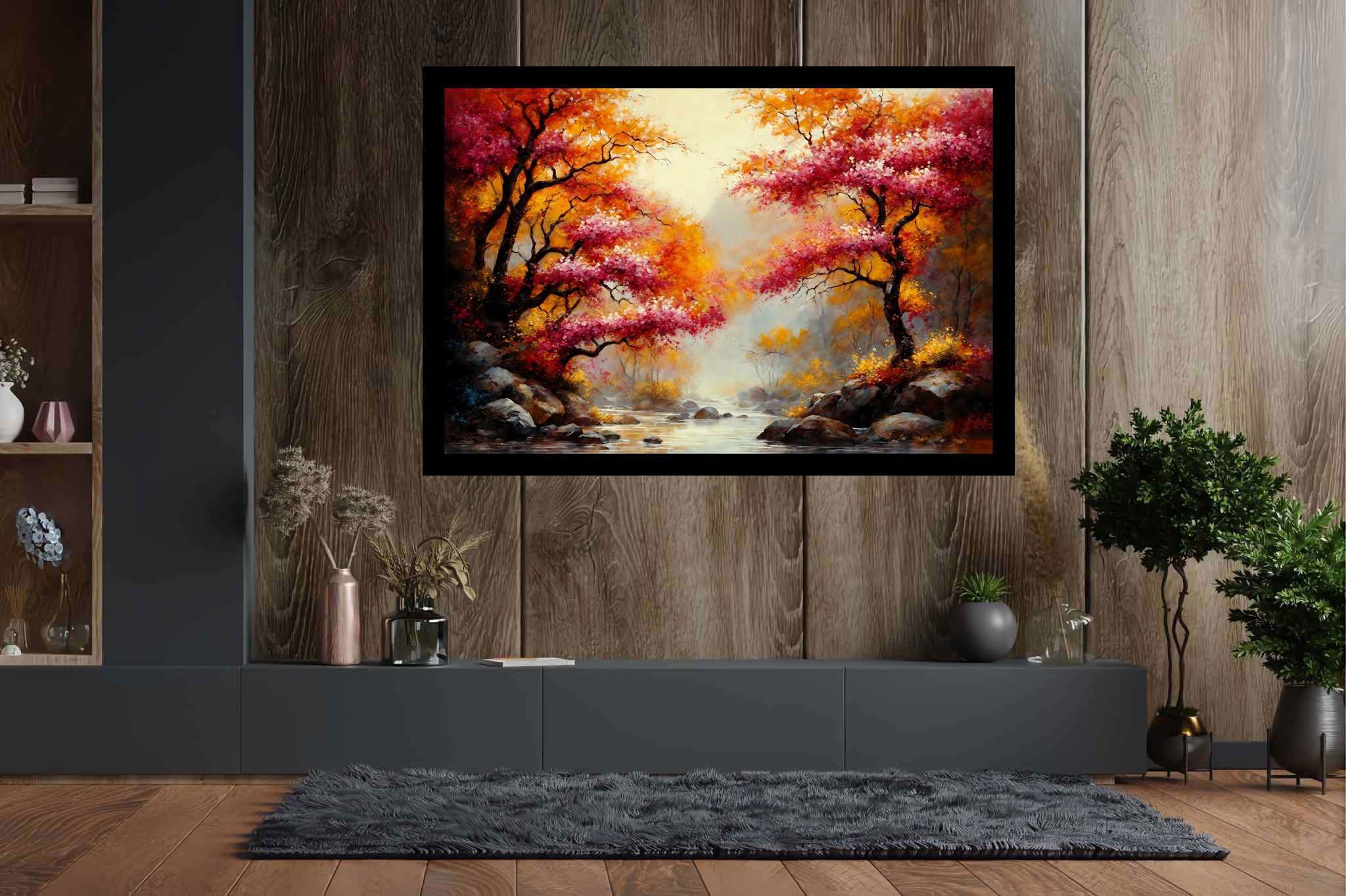 Autumn reverie passage: Autumn landscape art with colorful seasonal art, in a room with minimalist approach, framed art, and designer furniture. The art can be printed on poster, framed poster, canvas, metal, acrylic or wood, exclusively at WallArtZen. Find this exact print at https://wallartzen.com/waz1