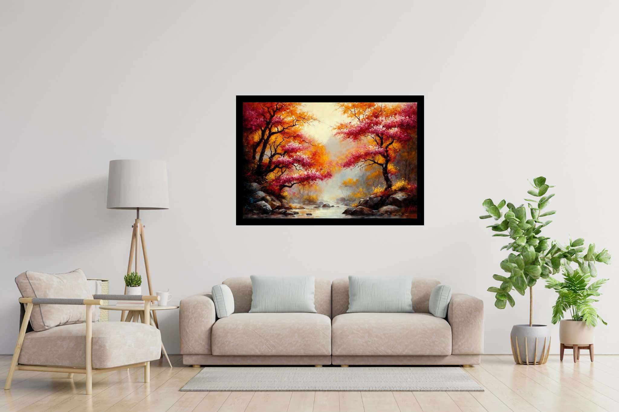 Autumn reverie passage: Autumn landscape art with nature-inspired landscape art, in a room with chic decor, framed art, and decorative pieces. The art can be printed on poster, framed poster, canvas, metal, acrylic or wood, exclusively at WallArtZen. Find this exact print at https://wallartzen.com/waz1