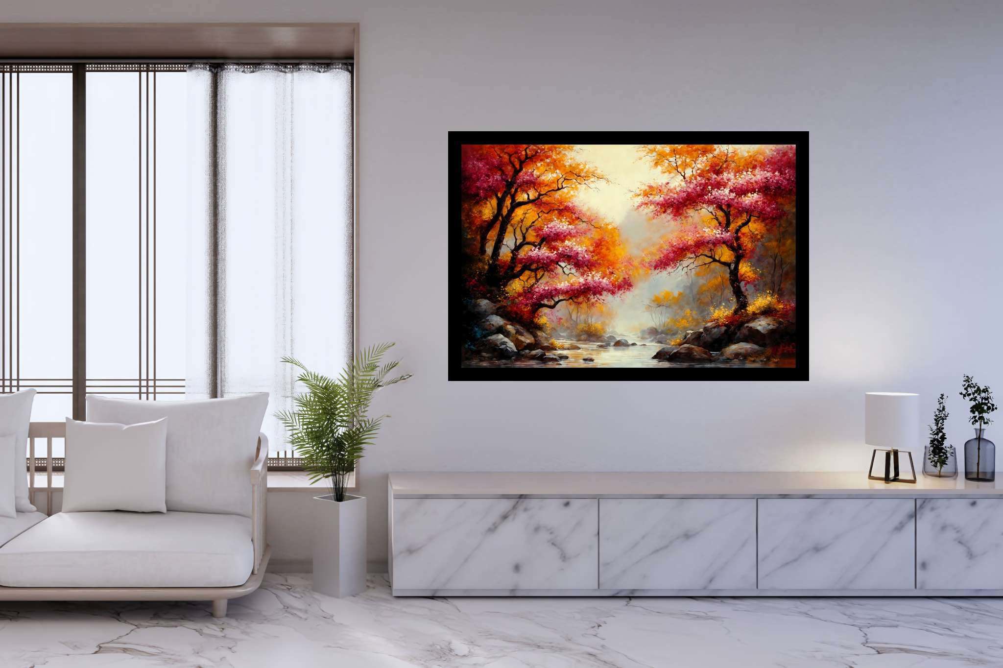 Autumn reverie passage: Autumn landscape art with autumnal landscape artwork, in a room with contemporary flair, bespoke art designs, and elegant home goods. The art can be printed on poster, framed poster, canvas, metal, acrylic or wood, exclusively at WallArtZen. Find this exact print at https://wallartzen.com/waz1