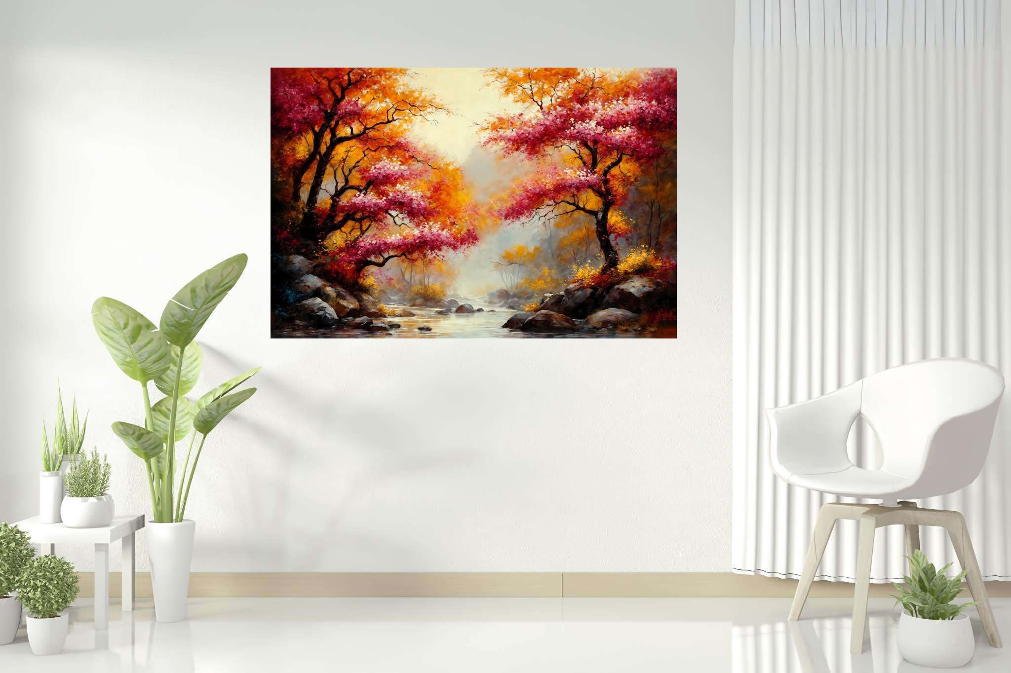 Autumn reverie passage: Autumn landscape art with evocative autumn artwork, in a room with contemporary flair, bespoke art designs, and elegant home goods. The art can be printed on poster, framed poster, canvas, metal, acrylic or wood, exclusively at WallArtZen. Find this exact print at https://wallartzen.com/waz1