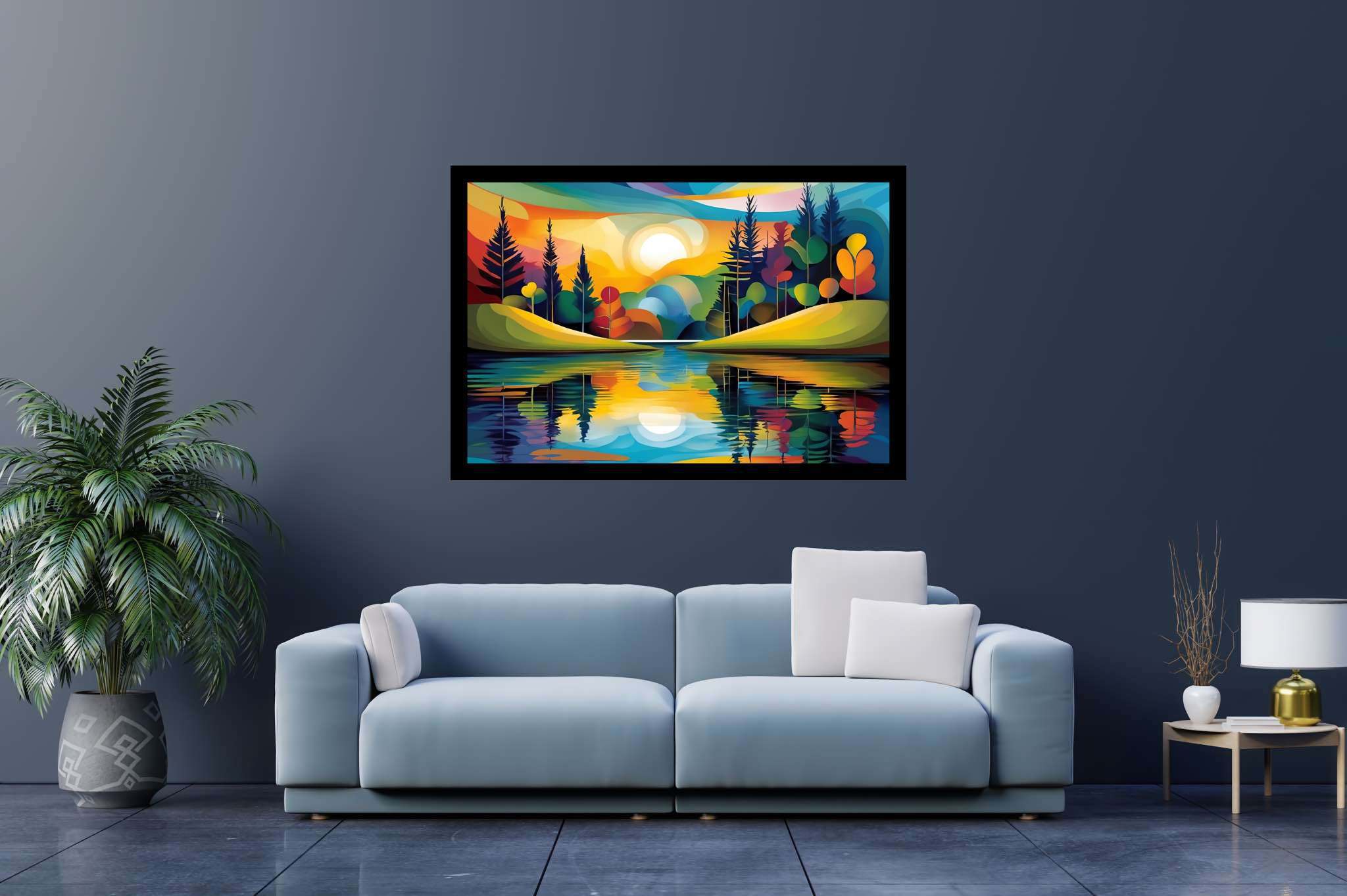 Sunlit serenity path: Vibrant landscape art with vibrant landscape art prints, in a room with innovative layout, abstract paintings, and luxe decor. The art can be printed on poster, framed poster, canvas, metal, acrylic or wood, exclusively at WallArtZen. Find this exact print at https://wallartzen.com/waz200