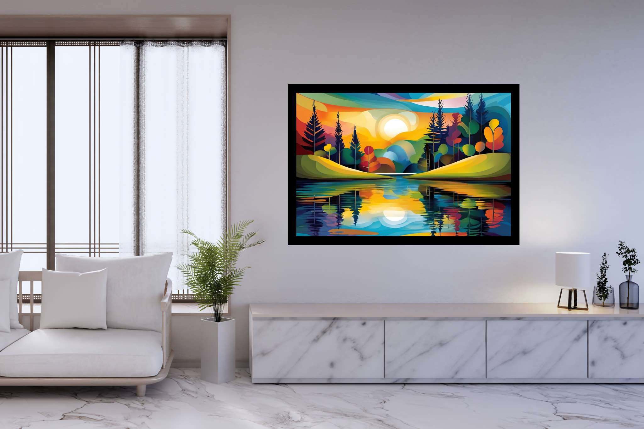 Sunlit serenity path: Vibrant landscape art with vivid nature paintings, in a room with artistic style, bespoke art designs, and decorative pieces. The art can be printed on poster, framed poster, canvas, metal, acrylic or wood, exclusively at WallArtZen. Find this exact print at https://wallartzen.com/waz200