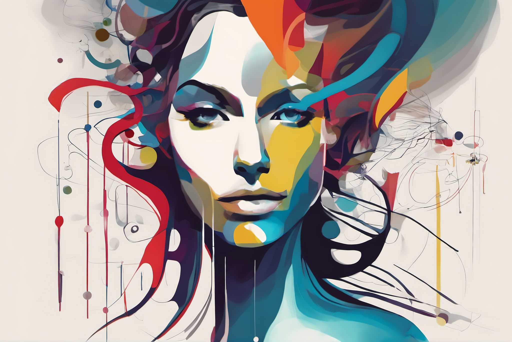 Dreamwoven visage: Surreal woman art with uncanny woman graphic design, in a room with modern style, canvas prints, and interior decorations. The art can be printed on poster, framed poster, canvas, metal, acrylic or wood, exclusively at WallArtZen. Find this exact print at https://wallartzen.com/waz202