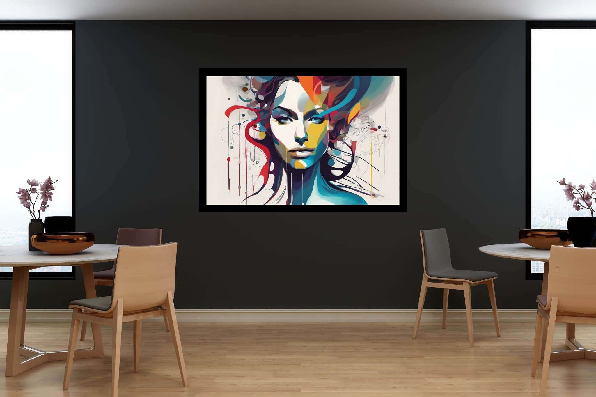 Dreamwoven visage: Surreal woman art with uncanny woman graphic design, in a room with innovative layout, fine art prints, and interior decorations. The art can be printed on poster, framed poster, canvas, metal, acrylic or wood, exclusively at WallArtZen. Find this exact print at https://wallartzen.com/waz202