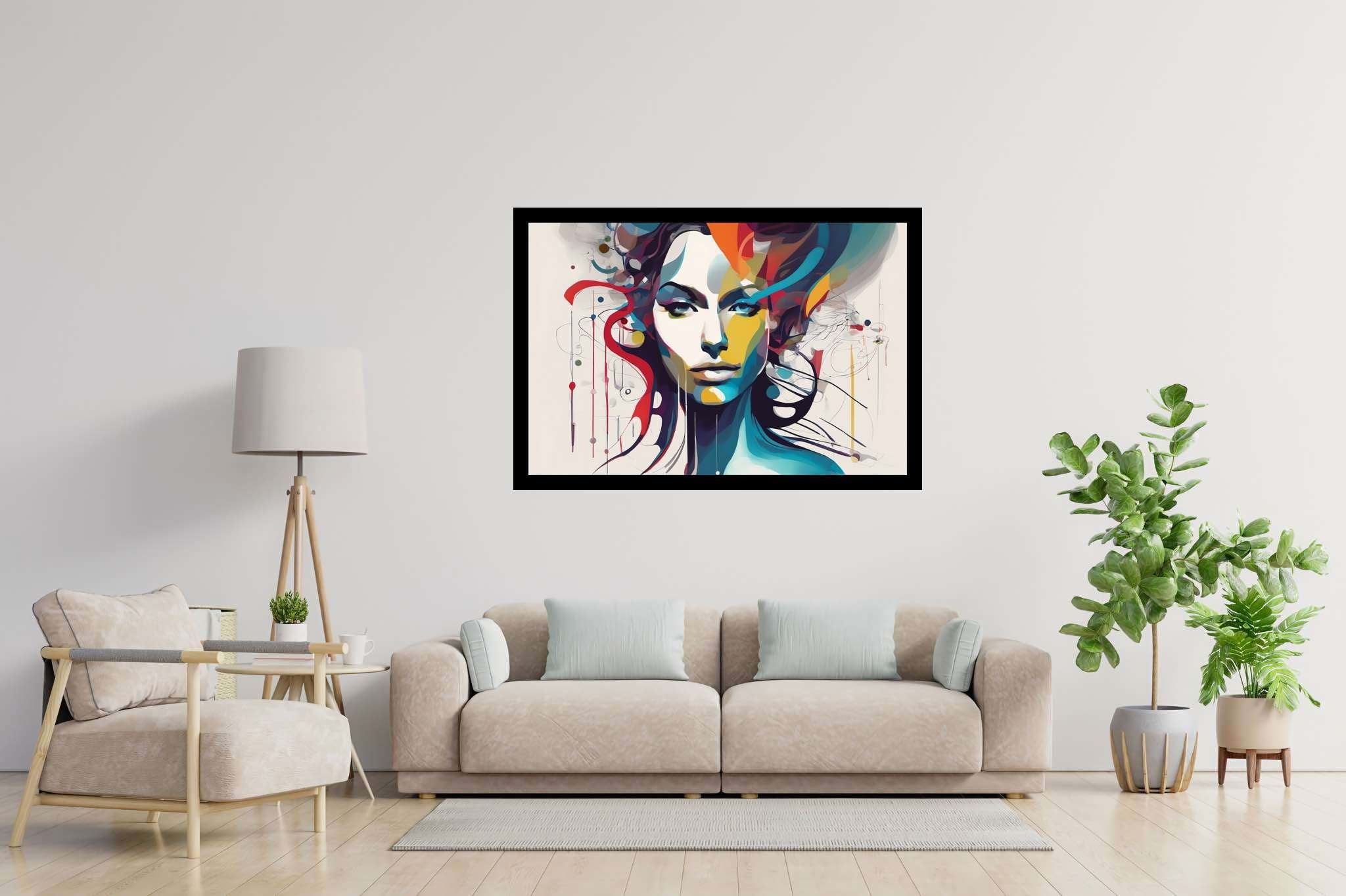 Dreamwoven visage: Surreal woman art with surreal woman art, in a room with minimalist approach, mural artworks, and artisan decor. The art can be printed on poster, framed poster, canvas, metal, acrylic or wood, exclusively at WallArtZen. Find this exact print at https://wallartzen.com/waz202