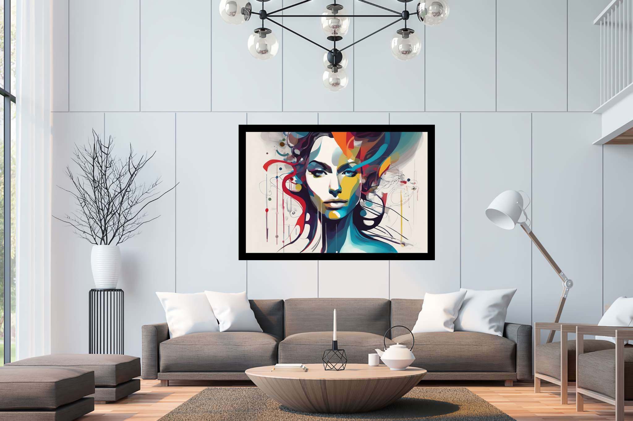 Dreamwoven visage: Surreal woman art with unconventional female portraits, in a room with minimalist approach, digital art pieces, and trendy home accents. The art can be printed on poster, framed poster, canvas, metal, acrylic or wood, exclusively at WallArtZen. Find this exact print at https://wallartzen.com/waz202