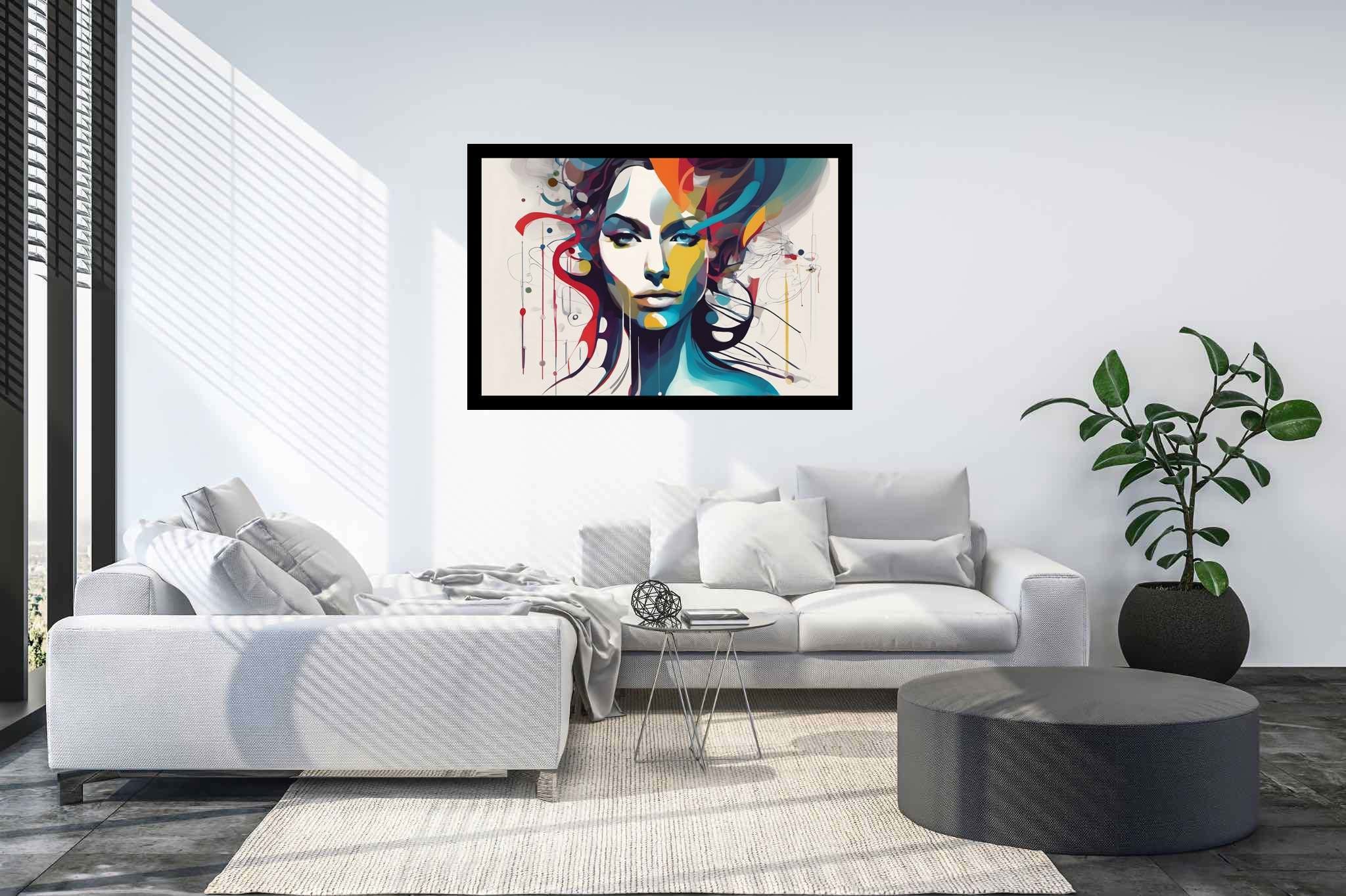 Dreamwoven visage: Surreal woman art with uncanny woman graphic design, in a room with chic decor, canvas prints, and home furnishings. The art can be printed on poster, framed poster, canvas, metal, acrylic or wood, exclusively at WallArtZen. Find this exact print at https://wallartzen.com/waz202