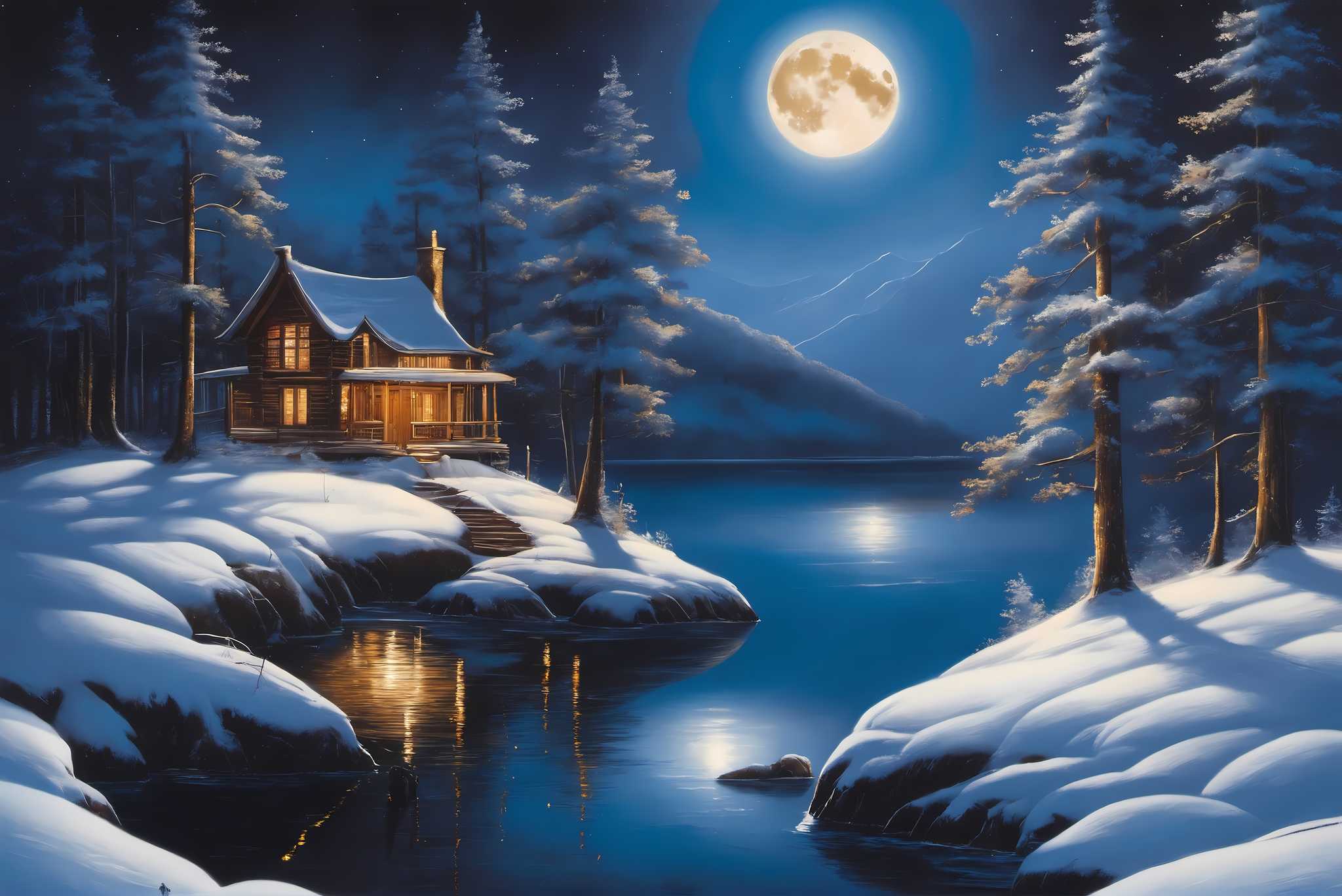 Moonlit serenity cove: Snowy landscape art with winter landscapes, in a room with urban design, wall art, and interior decorations. The art can be printed on poster, framed poster, canvas, metal, acrylic or wood, exclusively at WallArtZen. Find this exact print at https://wallartzen.com/waz203