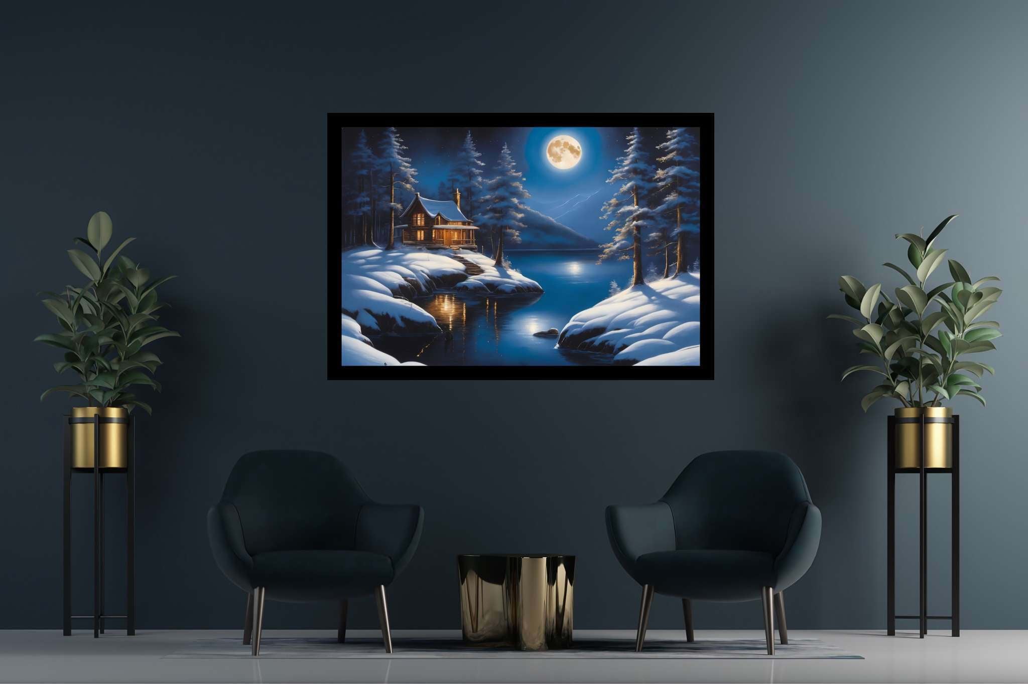 Moonlit serenity cove: Snowy landscape art with winter paintings, in a room with contemporary flair, bespoke art designs, and decorative pieces. The art can be printed on poster, framed poster, canvas, metal, acrylic or wood, exclusively at WallArtZen. Find this exact print at https://wallartzen.com/waz203