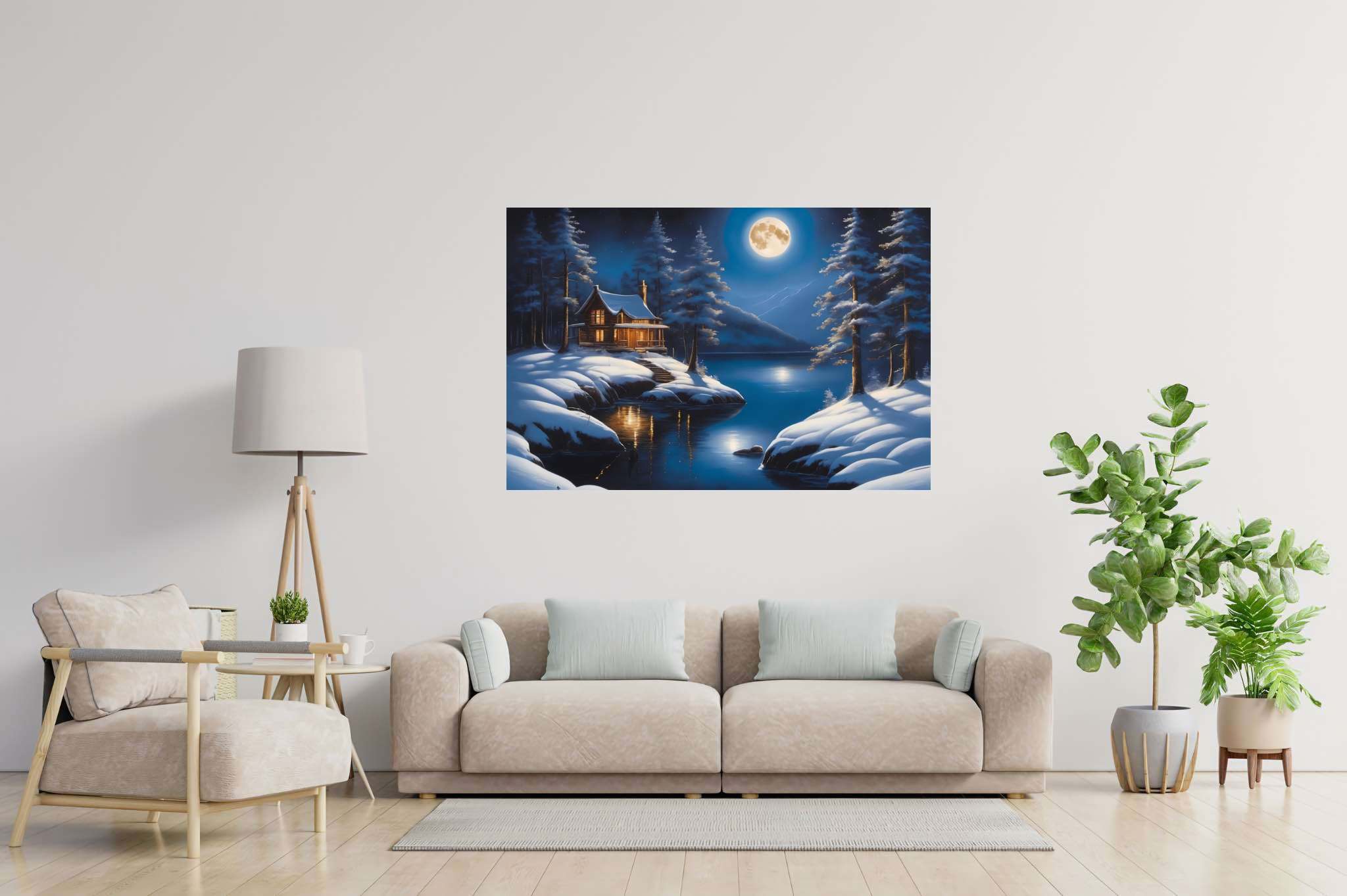 Moonlit serenity cove: Snowy landscape art with winter landscapes, in a room with minimalist approach, canvas prints, and trendy home accents. The art can be printed on poster, framed poster, canvas, metal, acrylic or wood, exclusively at WallArtZen. Find this exact print at https://wallartzen.com/waz203