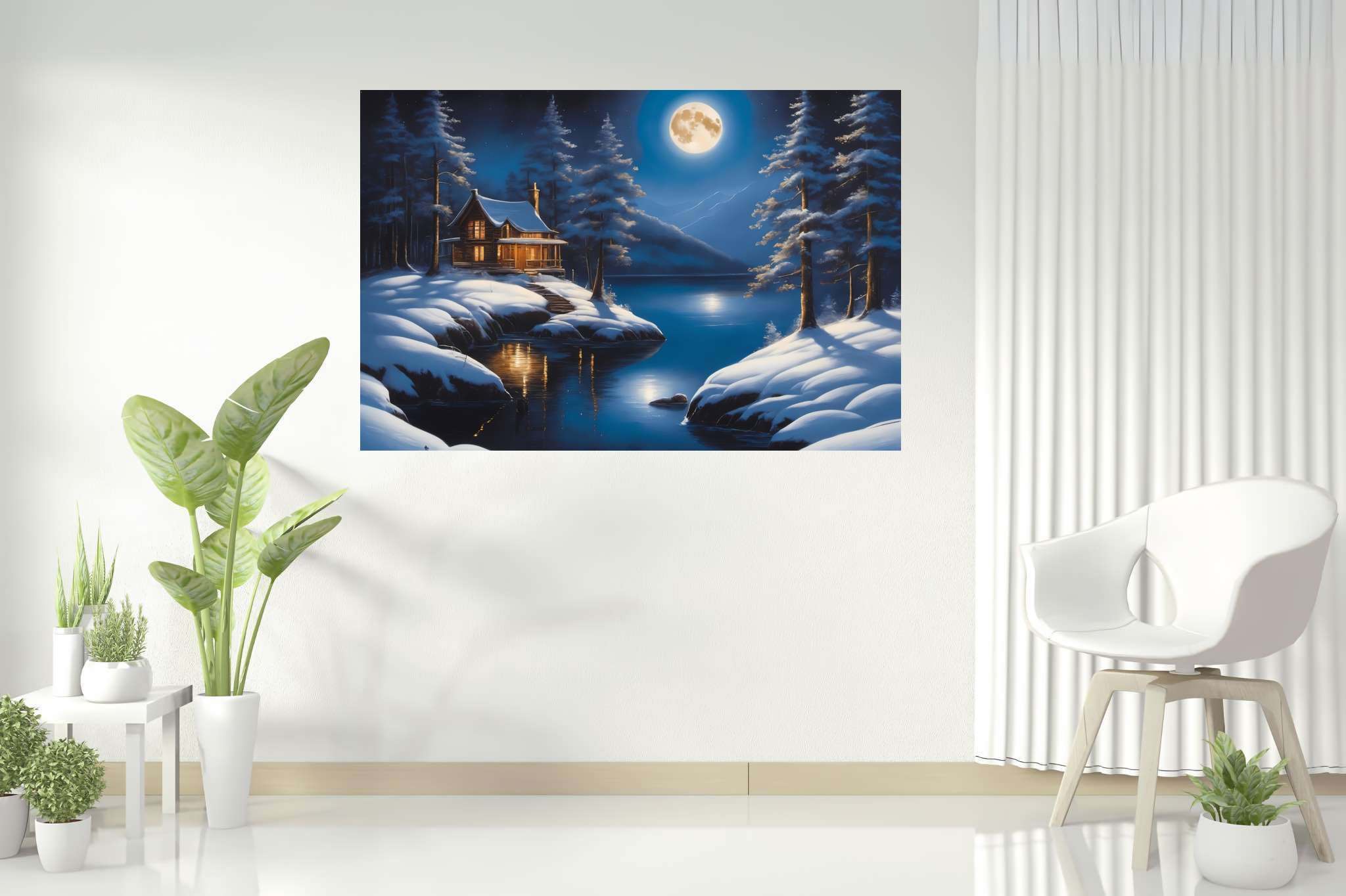Moonlit serenity cove: Snowy landscape art with winter art, in a room with chic decor, mural artworks, and home styling items. The art can be printed on poster, framed poster, canvas, metal, acrylic or wood, exclusively at WallArtZen. Find this exact print at https://wallartzen.com/waz203