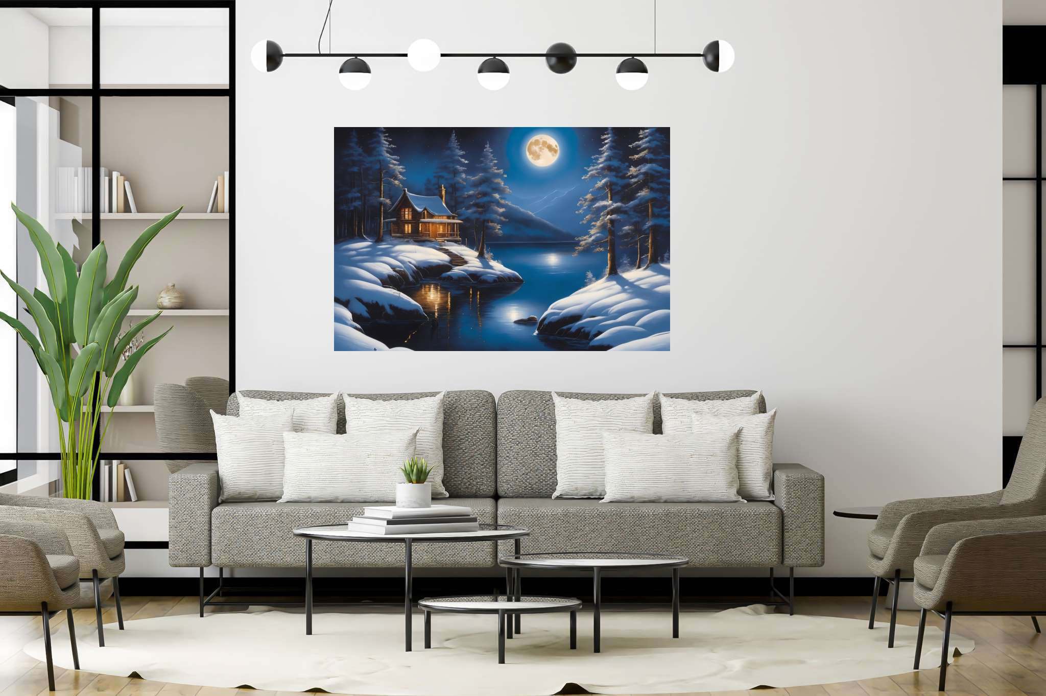 Moonlit serenity cove: Snowy landscape art with snow scenes, in a room with contemporary flair, wall hangings, and interior decorations. The art can be printed on poster, framed poster, canvas, metal, acrylic or wood, exclusively at WallArtZen. Find this exact print at https://wallartzen.com/waz203