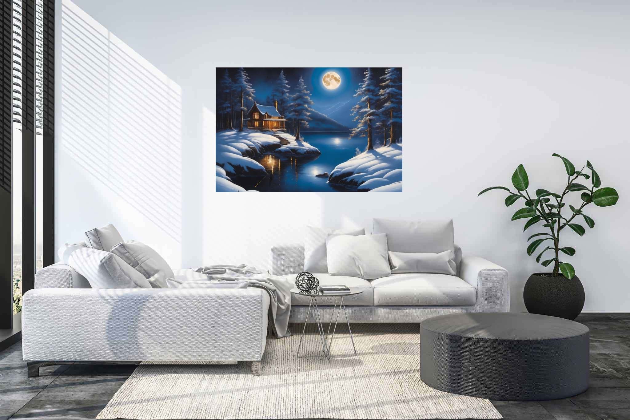 Moonlit serenity cove: Snowy landscape art with snow art, in a room with classic elegance, digital art pieces, and stylish accessories. The art can be printed on poster, framed poster, canvas, metal, acrylic or wood, exclusively at WallArtZen. Find this exact print at https://wallartzen.com/waz203