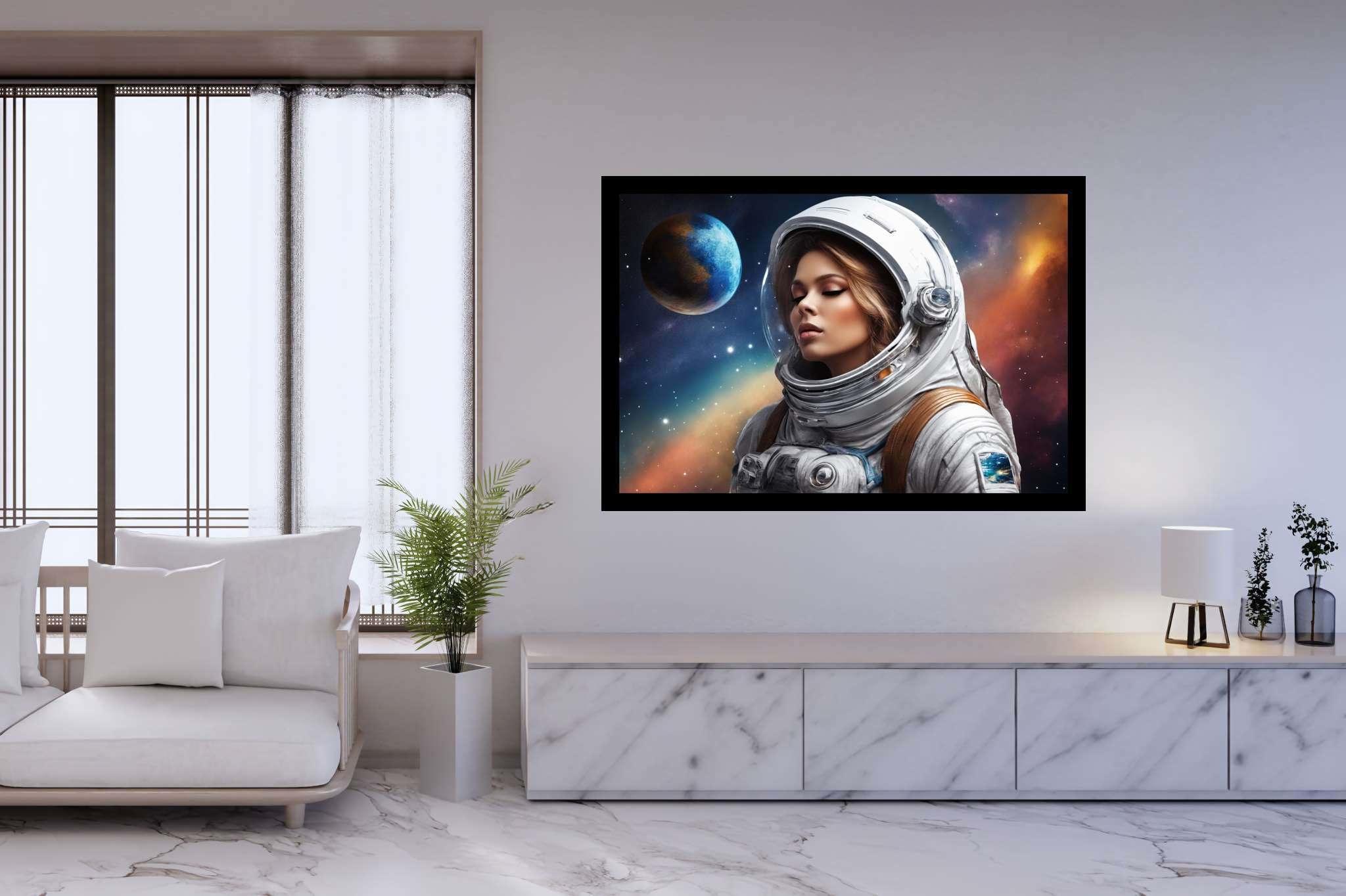 Dreambound voyager: Blonde astronaut art with space-inspired masterpieces, in a room with elegant layout, gallery-quality artwork, and stylish accessories. The art can be printed on poster, framed poster, canvas, metal, acrylic or wood, exclusively at WallArtZen. Find this exact print at https://wallartzen.com/waz204
