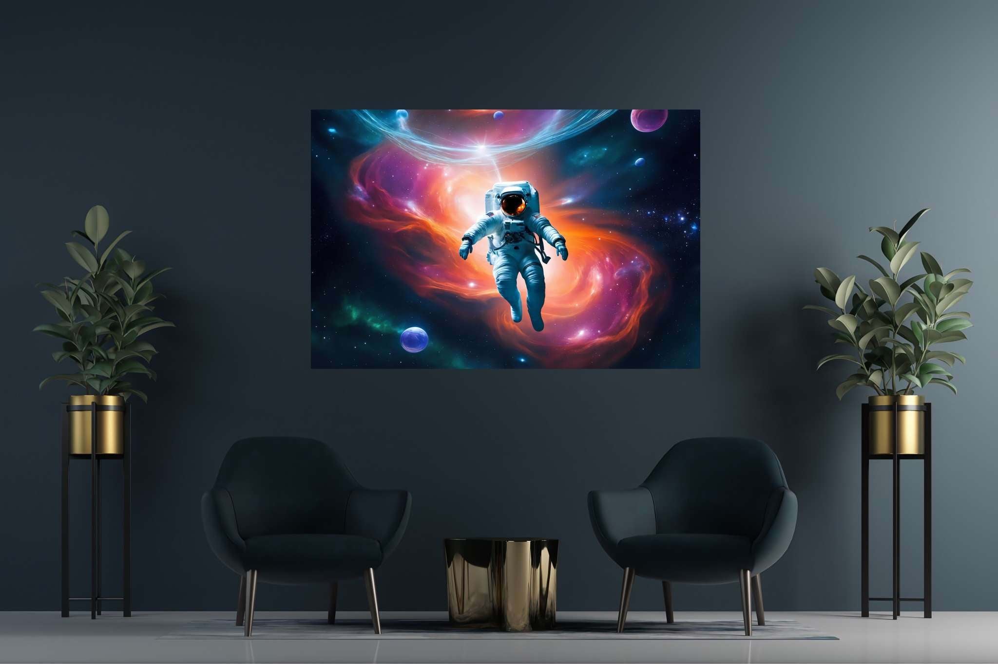 Cosmic caravan serenade: Celestial art with celestial beauty, in a room with urban design, mural artworks, and luxe decor. The art can be printed on poster, framed poster, canvas, metal, acrylic or wood, exclusively at WallArtZen. Find this exact print at https://wallartzen.com/waz205