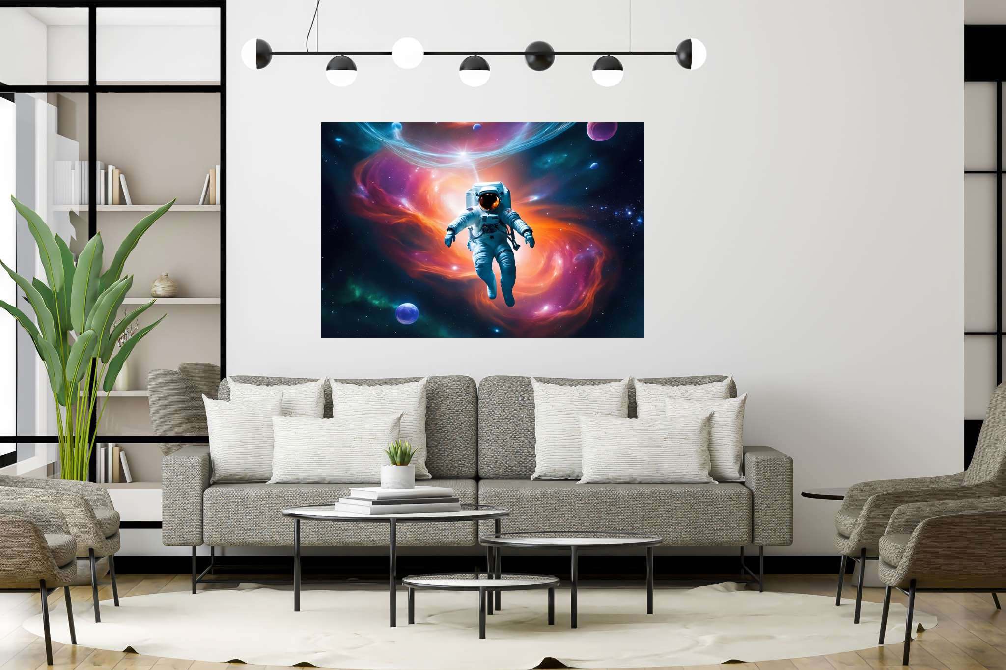 Cosmic caravan serenade: Celestial art with cosmic art, in a room with contemporary flair, wall art, and elegant home goods. The art can be printed on poster, framed poster, canvas, metal, acrylic or wood, exclusively at WallArtZen. Find this exact print at https://wallartzen.com/waz205