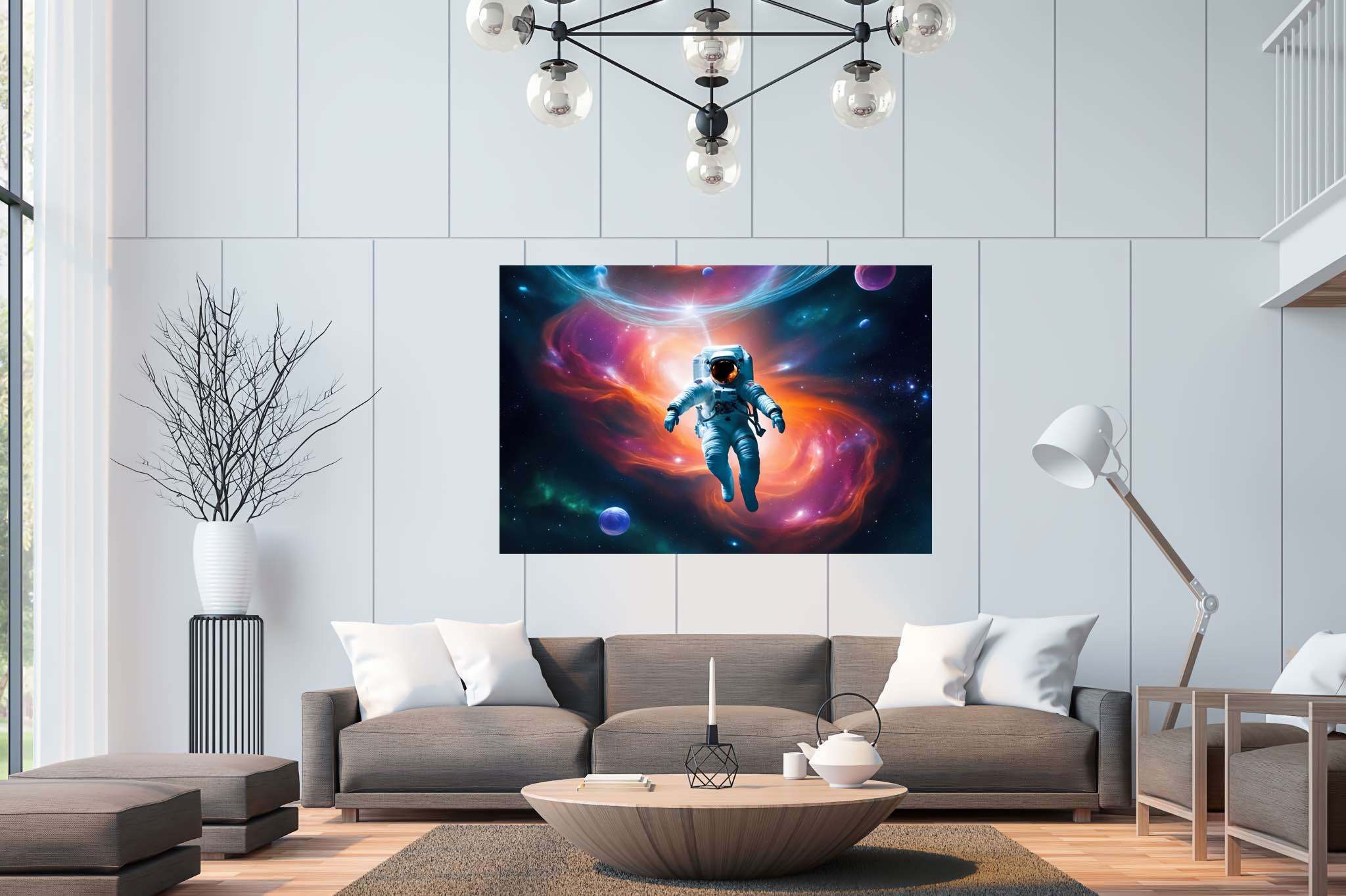 Cosmic caravan serenade: Celestial art with cosmic art, in a room with great design, photographic wall art, and artisan decor. The art can be printed on poster, framed poster, canvas, metal, acrylic or wood, exclusively at WallArtZen. Find this exact print at https://wallartzen.com/waz205