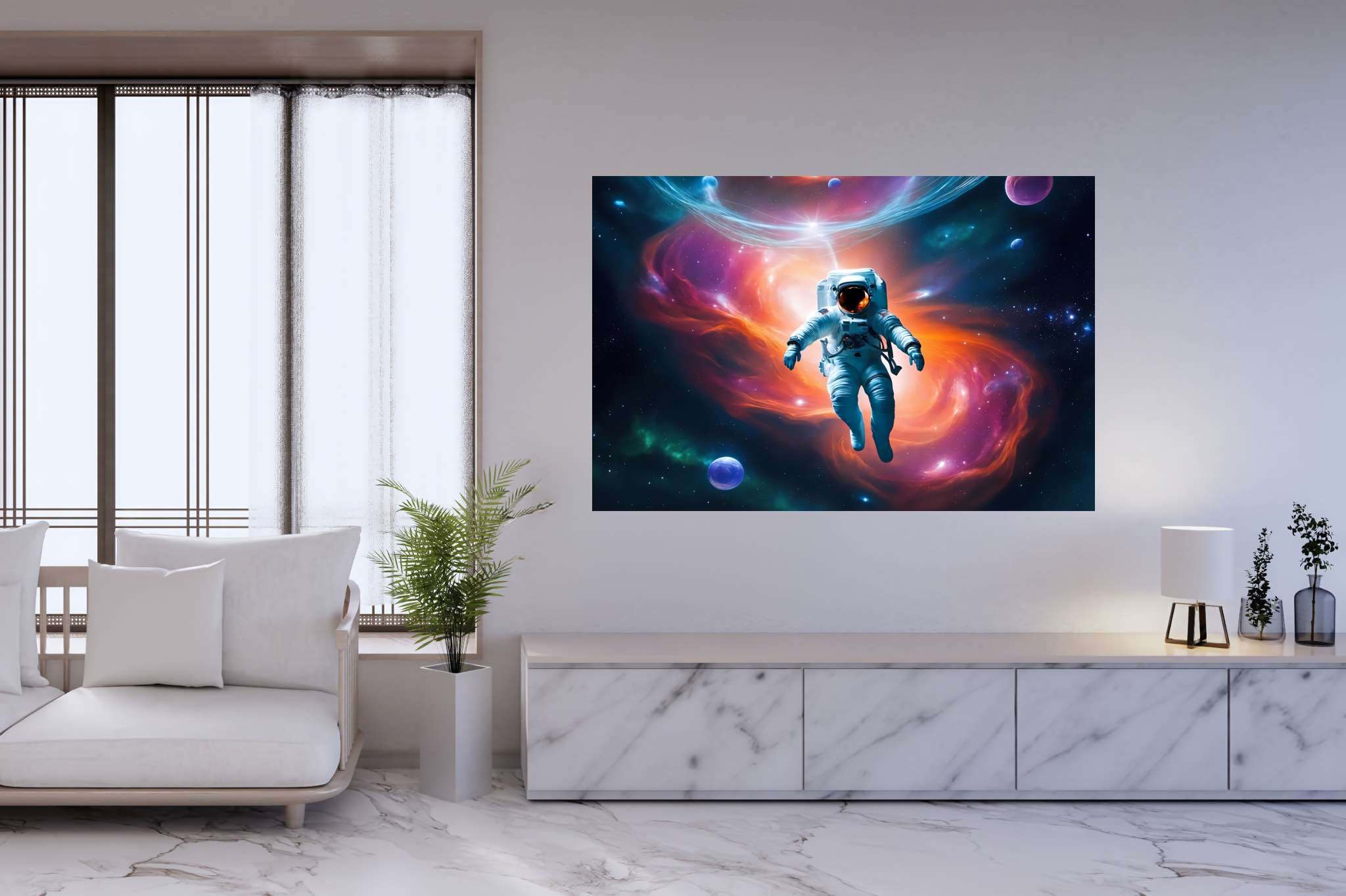 Cosmic caravan serenade: Celestial art with celestial-inspired, in a room with great design, digital art pieces, and home furnishings. The art can be printed on poster, framed poster, canvas, metal, acrylic or wood, exclusively at WallArtZen. Find this exact print at https://wallartzen.com/waz205