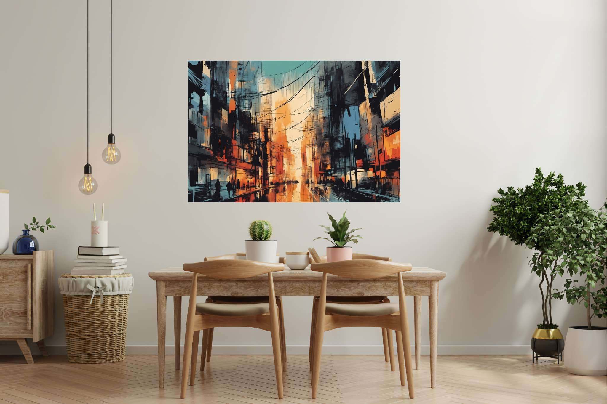 Chroma nocturne dreamscape: Surreal cityscape art with avant-garde urban artwork, in a room with artistic style, photographic wall art, and decorative pieces. The art can be printed on poster, framed poster, canvas, metal, acrylic or wood, exclusively at WallArtZen. Find this exact print at https://wallartzen.com/waz206