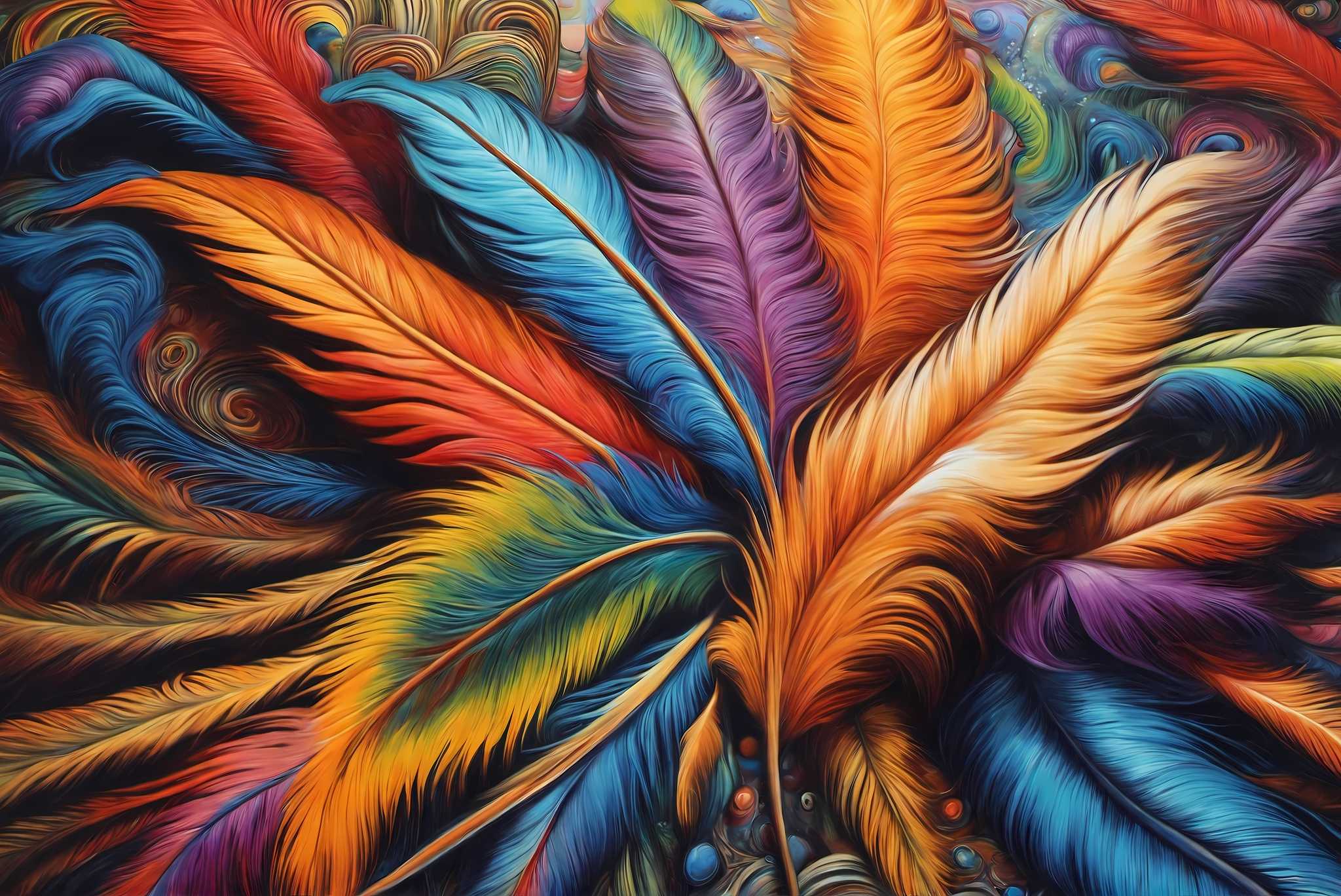 Aurora plumage ballet: Feather art with feather sculpture, in a room with minimalist approach, mural artworks, and designer furniture. The art can be printed on poster, framed poster, canvas, metal, acrylic or wood, exclusively at WallArtZen. Find this exact print at https://wallartzen.com/waz207