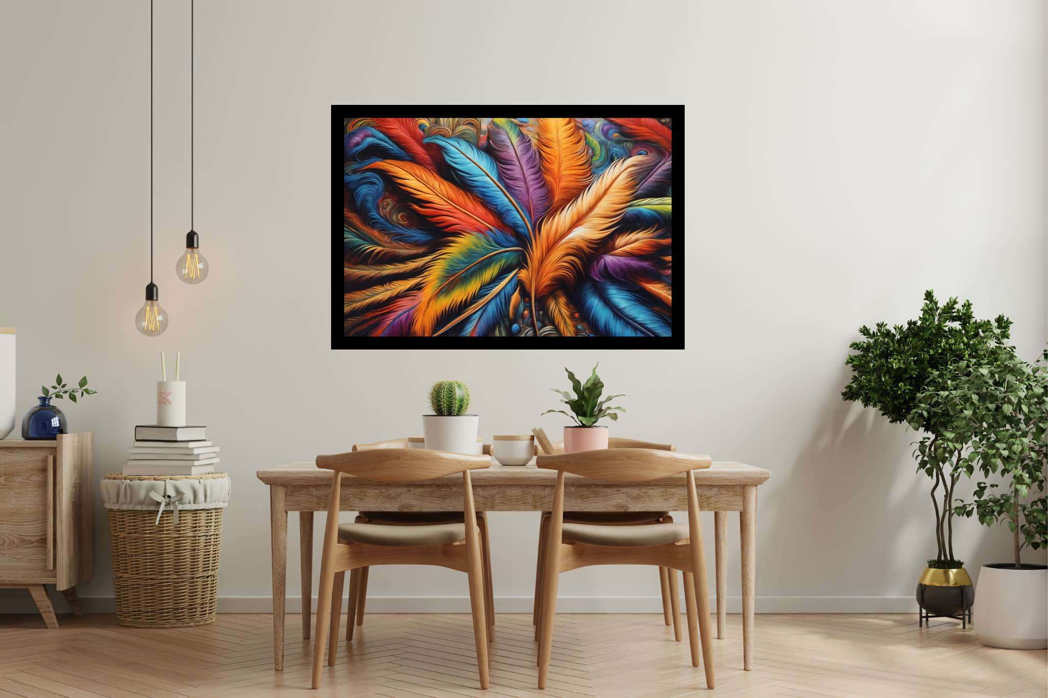 Aurora plumage ballet: Feather art with feather-inspired crafts, in a room with modern style, wall art, and decorative pieces. The art can be printed on poster, framed poster, canvas, metal, acrylic or wood, exclusively at WallArtZen. Find this exact print at https://wallartzen.com/waz207