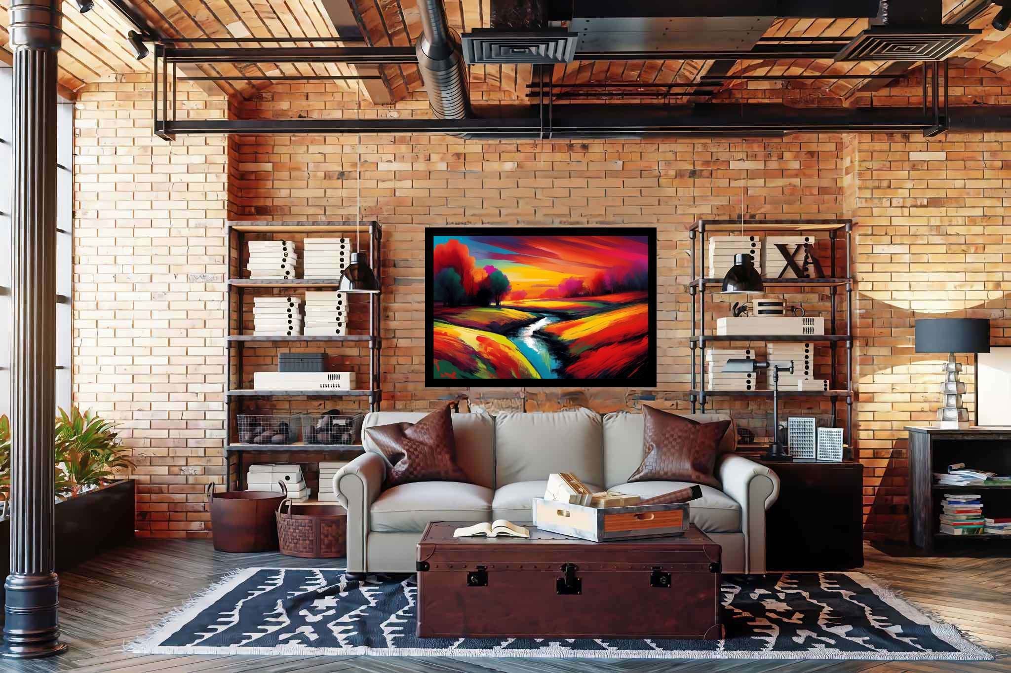 Amber hues embrace: Vibrant landscape art with vibrant nature paintings, in a room with classic elegance, gallery-quality artwork, and trendy home accents. The art can be printed on poster, framed poster, canvas, metal, acrylic or wood, exclusively at WallArtZen. Find this exact print at https://wallartzen.com/waz208