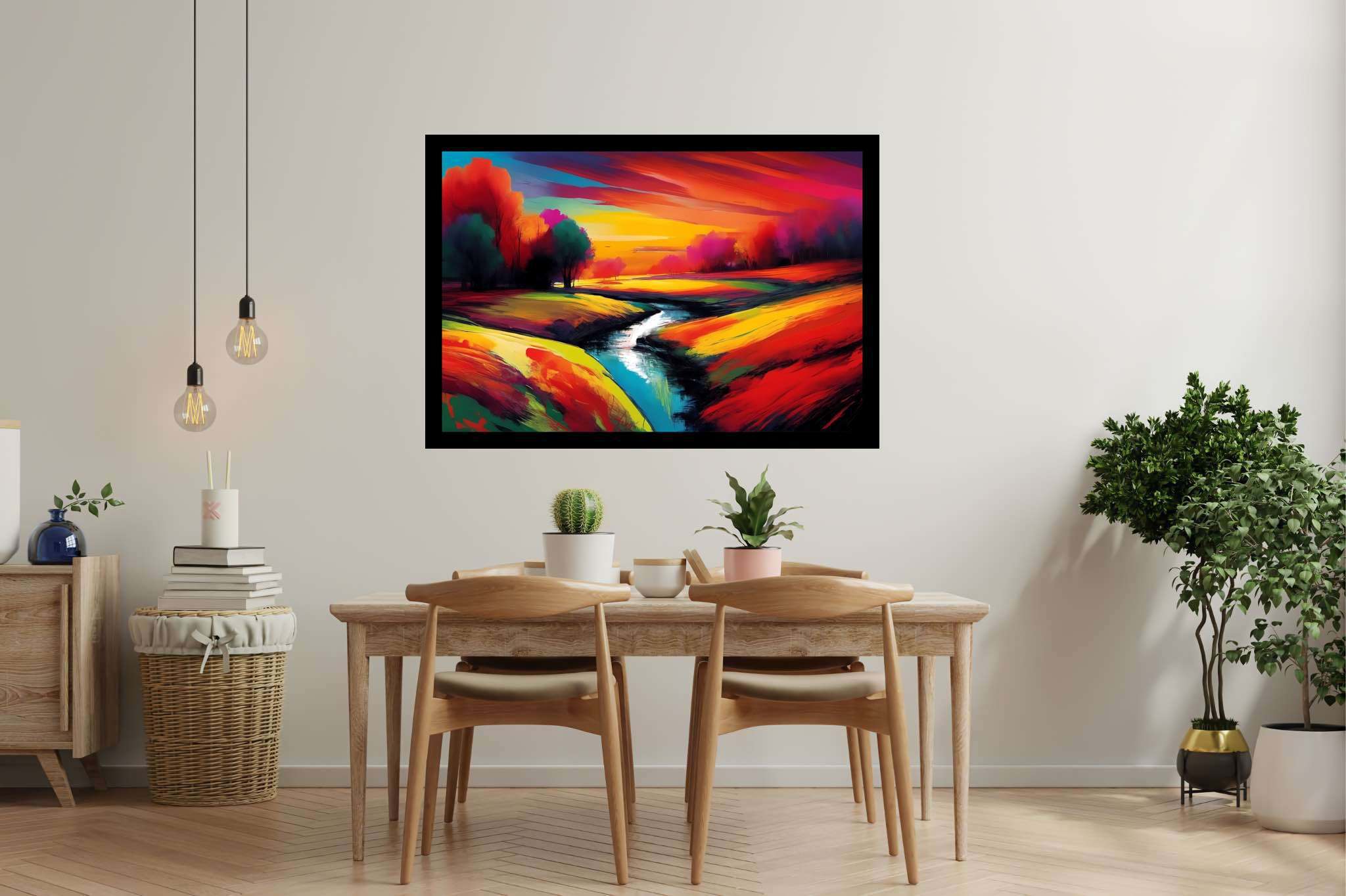 Amber hues embrace: Vibrant landscape art with dynamic landscapes, in a room with chic decor, gallery-quality artwork, and decorative pieces. The art can be printed on poster, framed poster, canvas, metal, acrylic or wood, exclusively at WallArtZen. Find this exact print at https://wallartzen.com/waz208