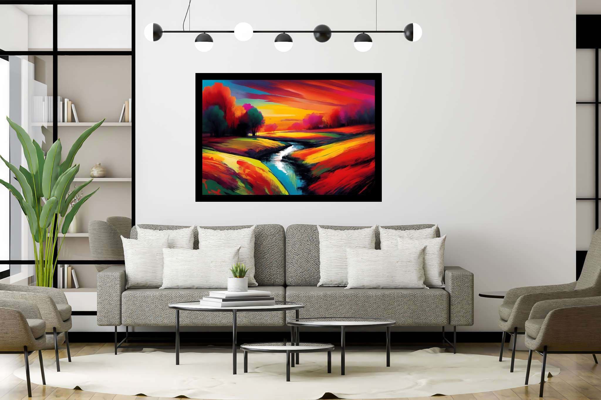 Amber hues embrace: Vibrant landscape art with vibrant landscape illustrations, in a room with great design, digital art pieces, and home styling items. The art can be printed on poster, framed poster, canvas, metal, acrylic or wood, exclusively at WallArtZen. Find this exact print at https://wallartzen.com/waz208