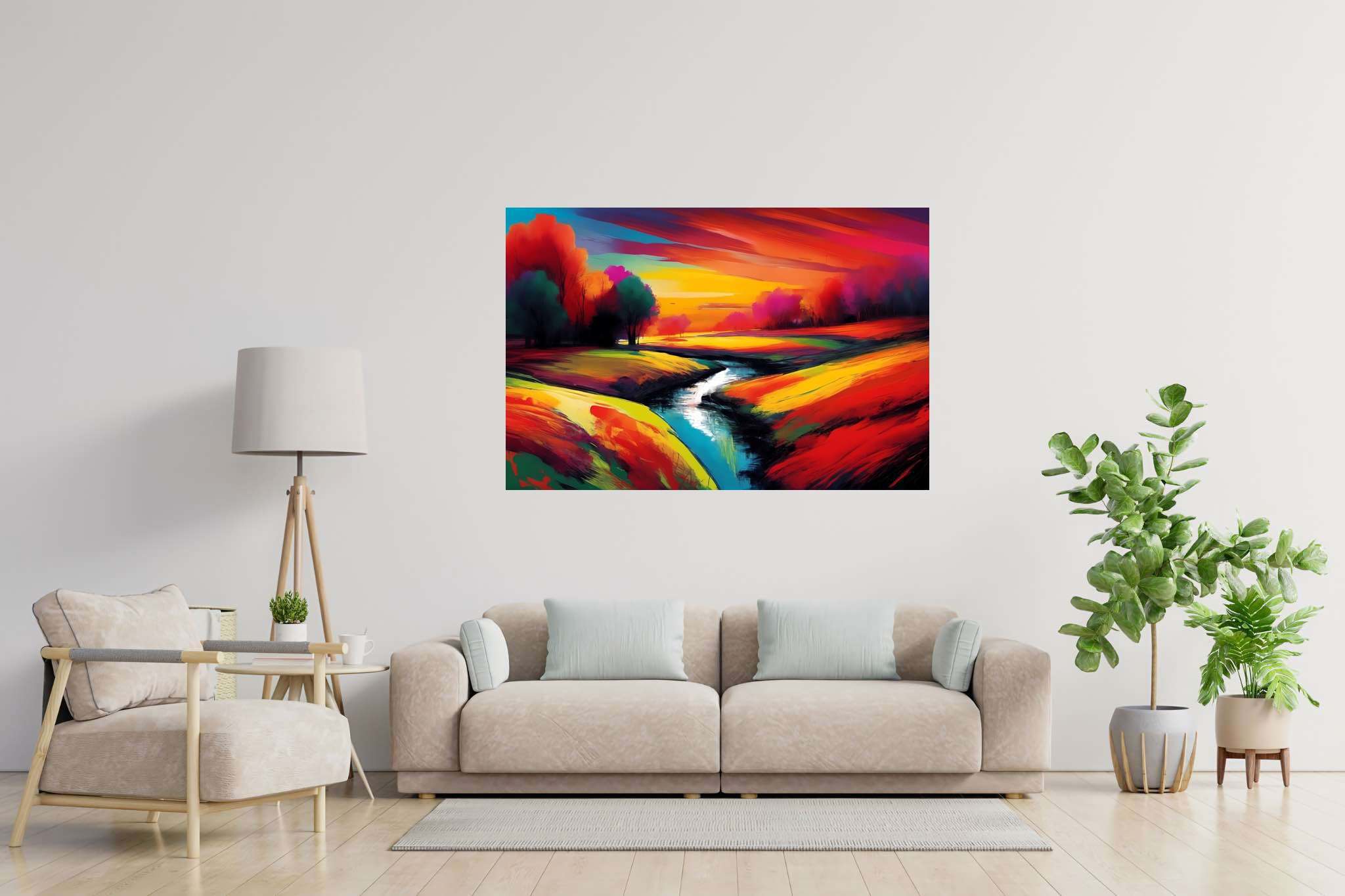 Amber hues embrace: Vibrant landscape art with lively landscape designs, in a room with minimalist approach, digital art pieces, and artisan decor. The art can be printed on poster, framed poster, canvas, metal, acrylic or wood, exclusively at WallArtZen. Find this exact print at https://wallartzen.com/waz208