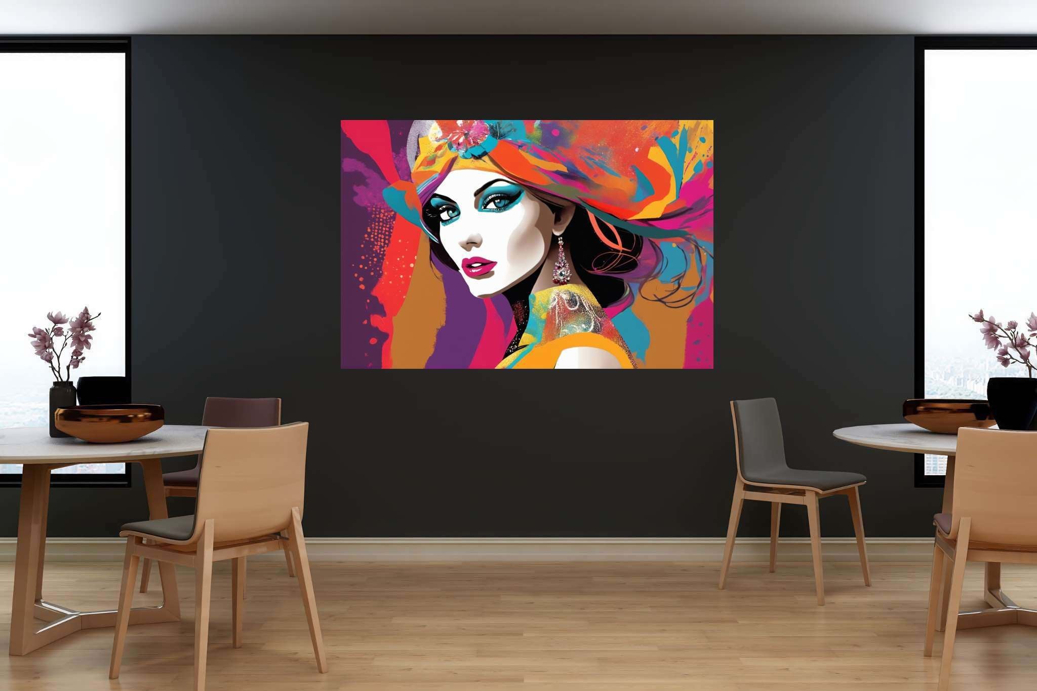 Radiant mosaic essence: Vibrant woman art with expressive portraits, in a room with urban design, mural artworks, and decorative pieces. The art can be printed on poster, framed poster, canvas, metal, acrylic or wood, exclusively at WallArtZen. Find this exact print at https://wallartzen.com/waz210