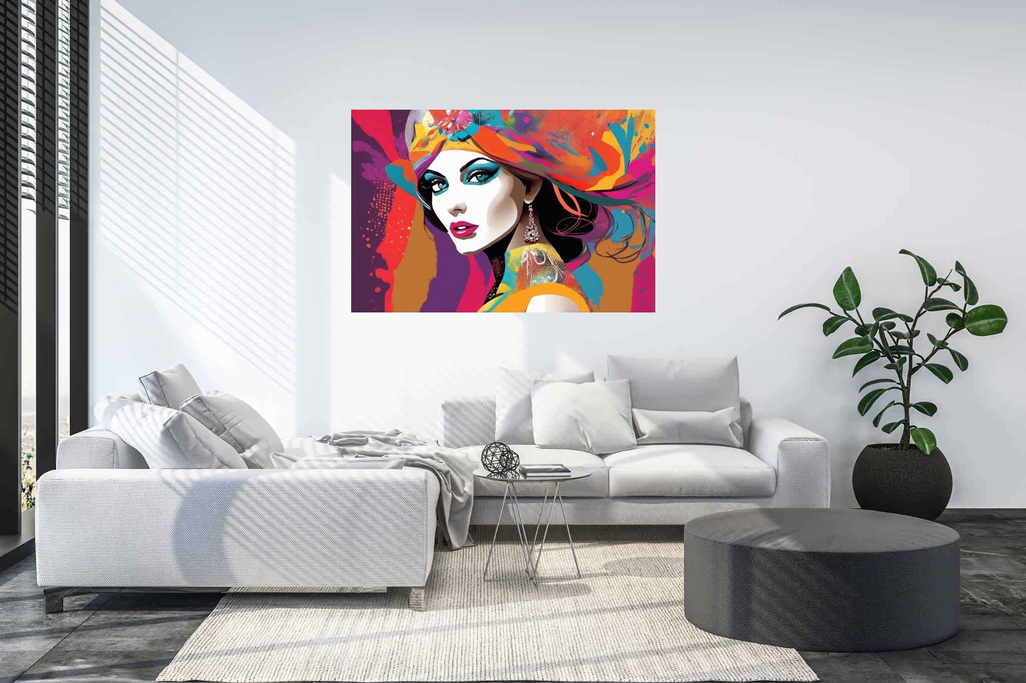 Radiant mosaic essence: Vibrant woman art with vibrant woman artwork, in a room with elegant layout, digital art pieces, and artisan decor. The art can be printed on poster, framed poster, canvas, metal, acrylic or wood, exclusively at WallArtZen. Find this exact print at https://wallartzen.com/waz210