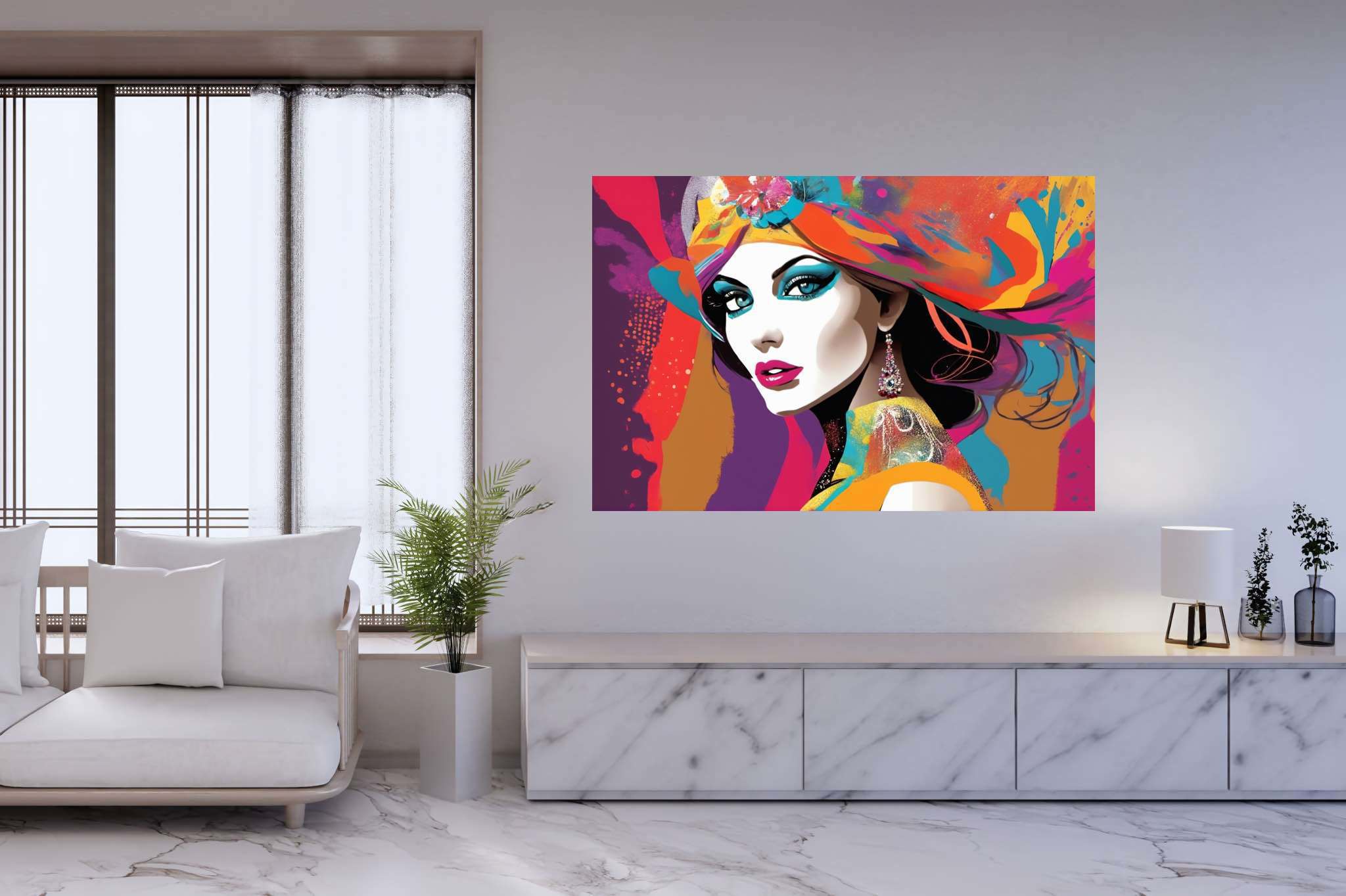 Radiant mosaic essence: Vibrant woman art with vibrant woman artwork, in a room with great design, wall art, and designer furniture. The art can be printed on poster, framed poster, canvas, metal, acrylic or wood, exclusively at WallArtZen. Find this exact print at https://wallartzen.com/waz210