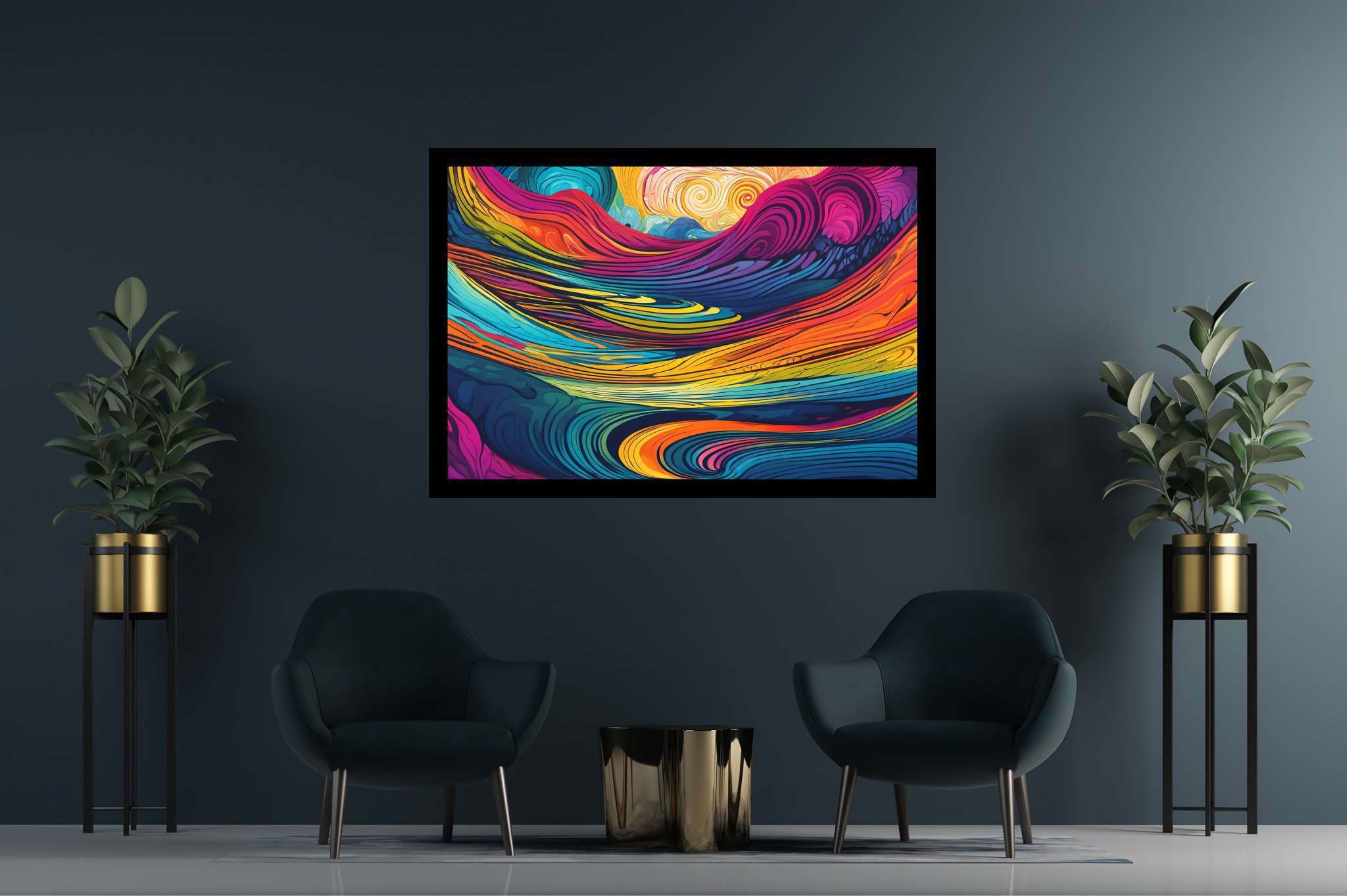 Crimson crown summit: Vibrant sunset art with vibrant sunset abstract art, in a room with urban design, mural artworks, and interior decorations. The art can be printed on poster, framed poster, canvas, metal, acrylic or wood, exclusively at WallArtZen. Find this exact print at https://wallartzen.com/waz211