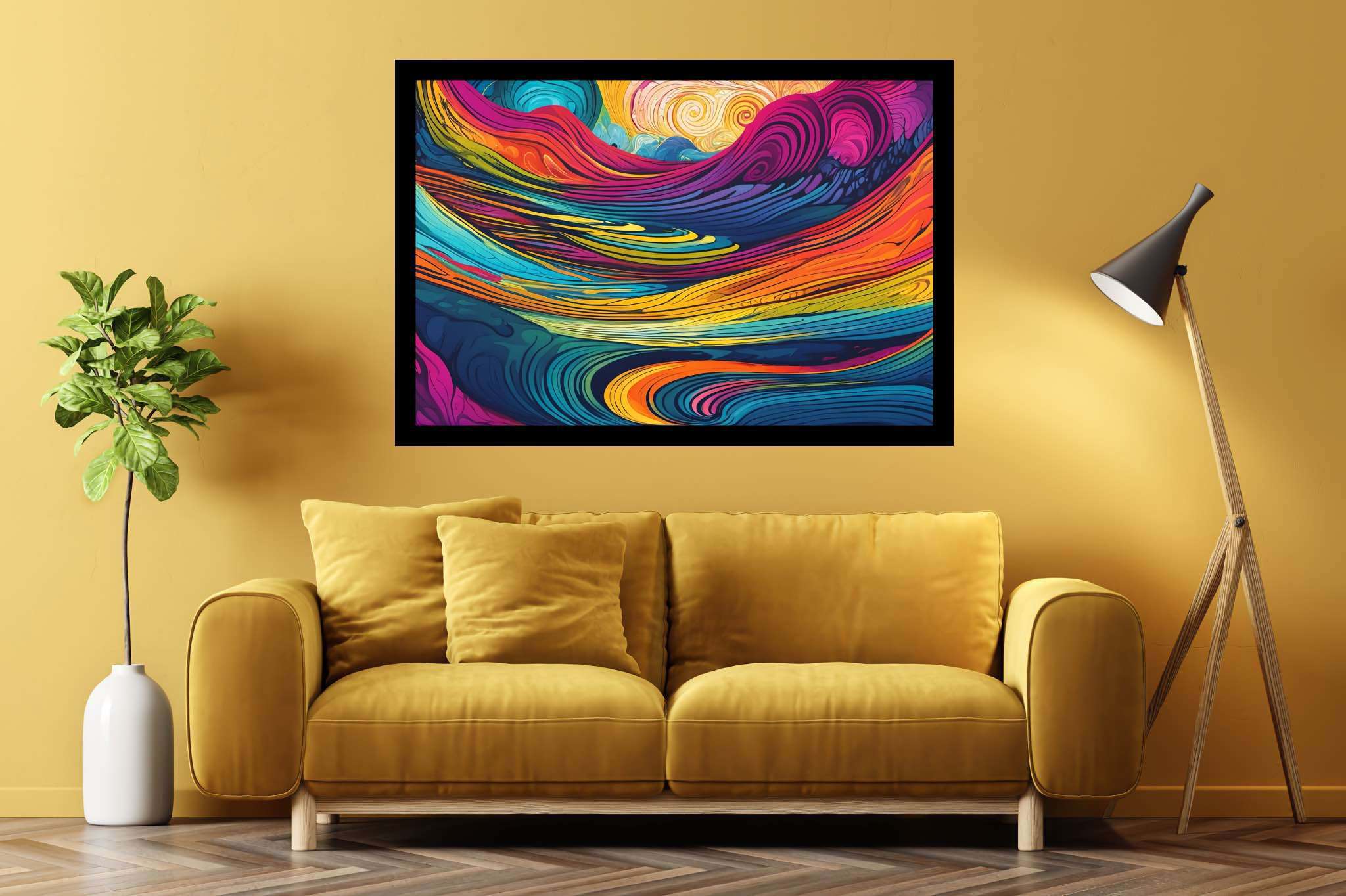 Crimson crown summit: Vibrant sunset art with vibrant landscape paintings, in a room with minimalist approach, abstract paintings, and designer furniture. The art can be printed on poster, framed poster, canvas, metal, acrylic or wood, exclusively at WallArtZen. Find this exact print at https://wallartzen.com/waz211
