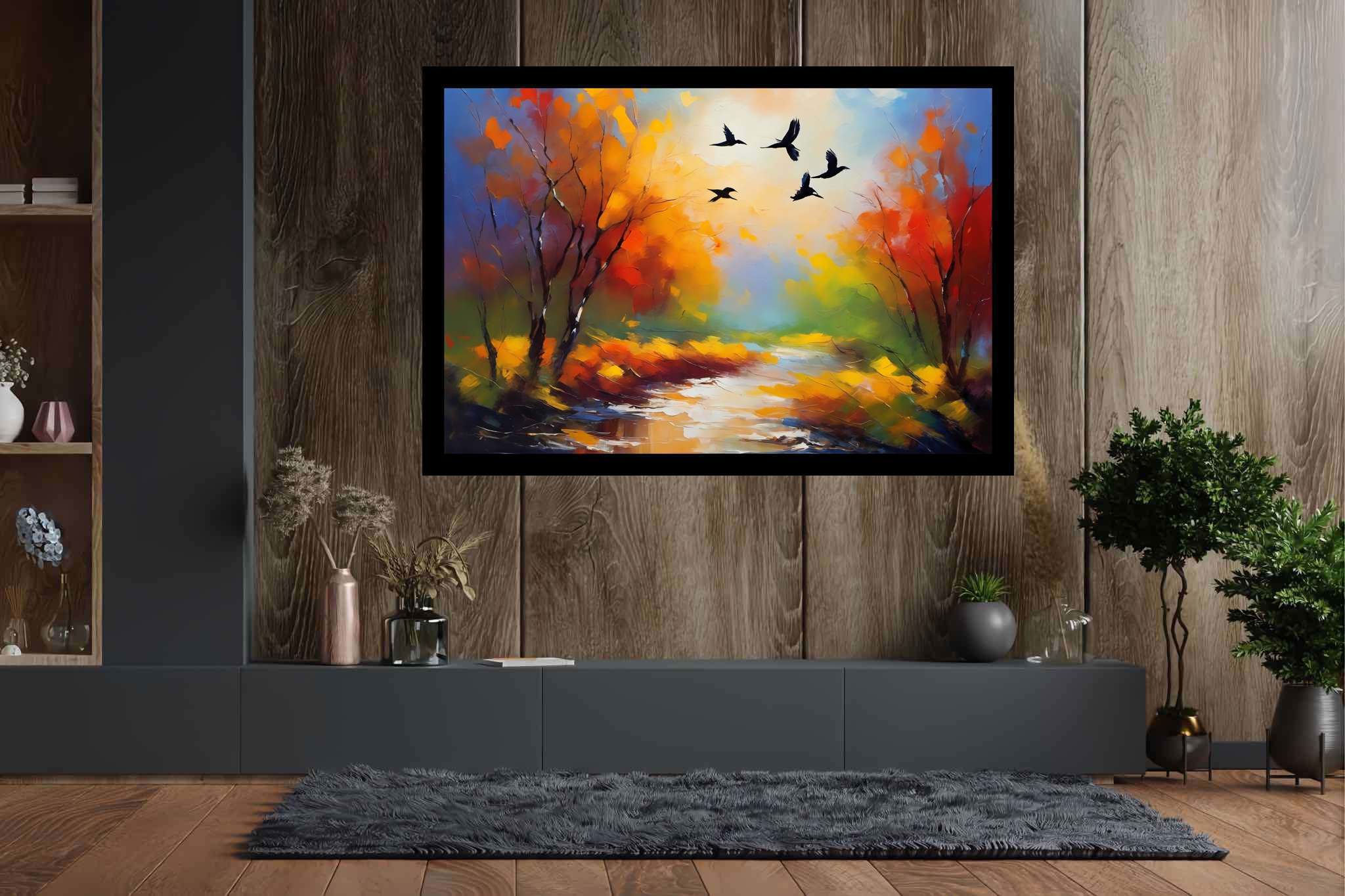 Autumn's last embrace: Autumn landscape art with outdoor scenery, in a room with elegant layout, digital art pieces, and trendy home accents. The art can be printed on poster, framed poster, canvas, metal, acrylic or wood, exclusively at WallArtZen. Find this exact print at https://wallartzen.com/waz212