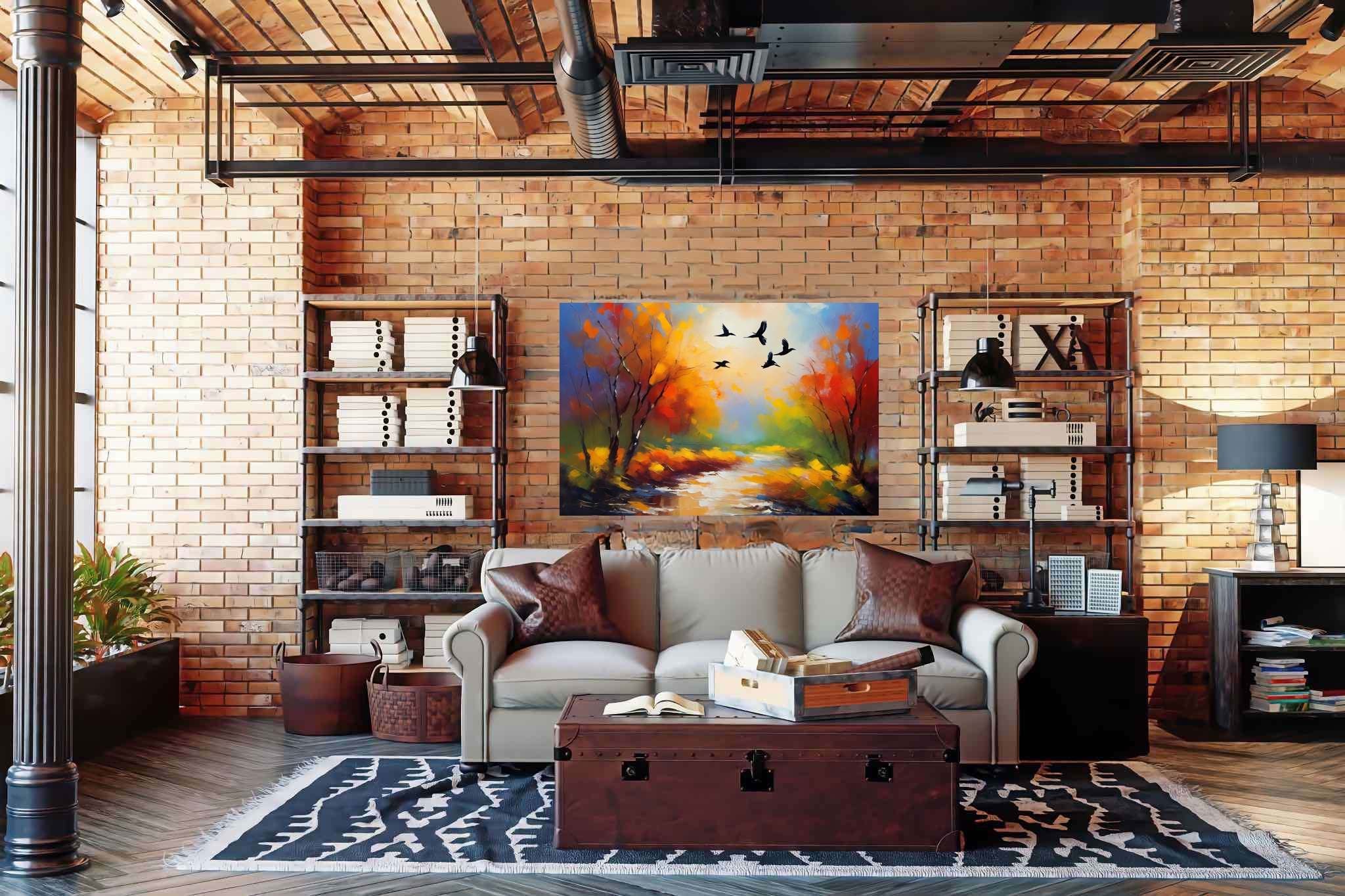 Autumn's last embrace: Autumn landscape art with vibrant autumn colors, in a room with innovative layout, canvas prints, and decorative pieces. The art can be printed on poster, framed poster, canvas, metal, acrylic or wood, exclusively at WallArtZen. Find this exact print at https://wallartzen.com/waz212