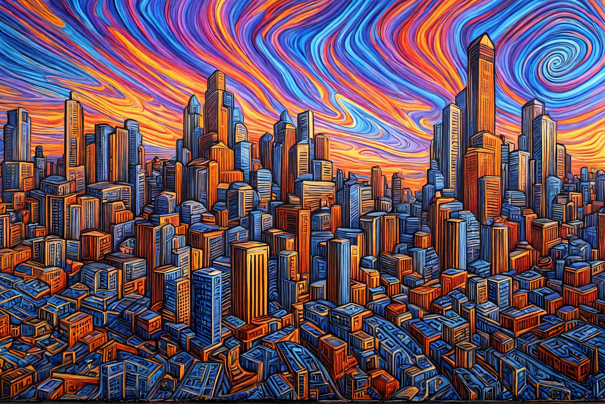 Urban lullaby at dusk: Sunset cityscape art with contemporary urban art, in a room with classic elegance, bespoke art designs, and trendy home accents. The art can be printed on poster, framed poster, canvas, metal, acrylic or wood, exclusively at WallArtZen. Find this exact print at https://wallartzen.com/waz213