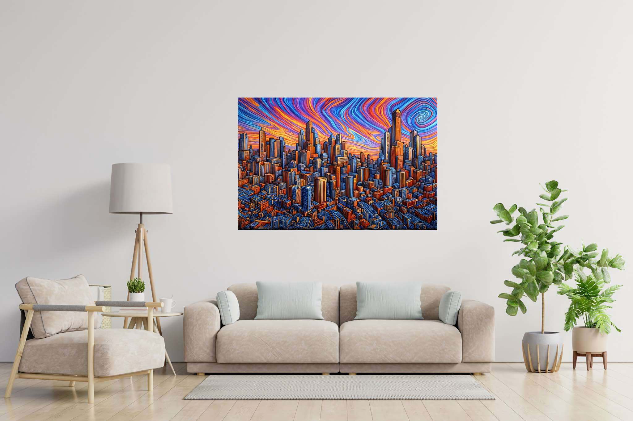 Urban lullaby at dusk: Sunset cityscape art with abstract cityscape art, in a room with contemporary flair, abstract paintings, and designer furniture. The art can be printed on poster, framed poster, canvas, metal, acrylic or wood, exclusively at WallArtZen. Find this exact print at https://wallartzen.com/waz213