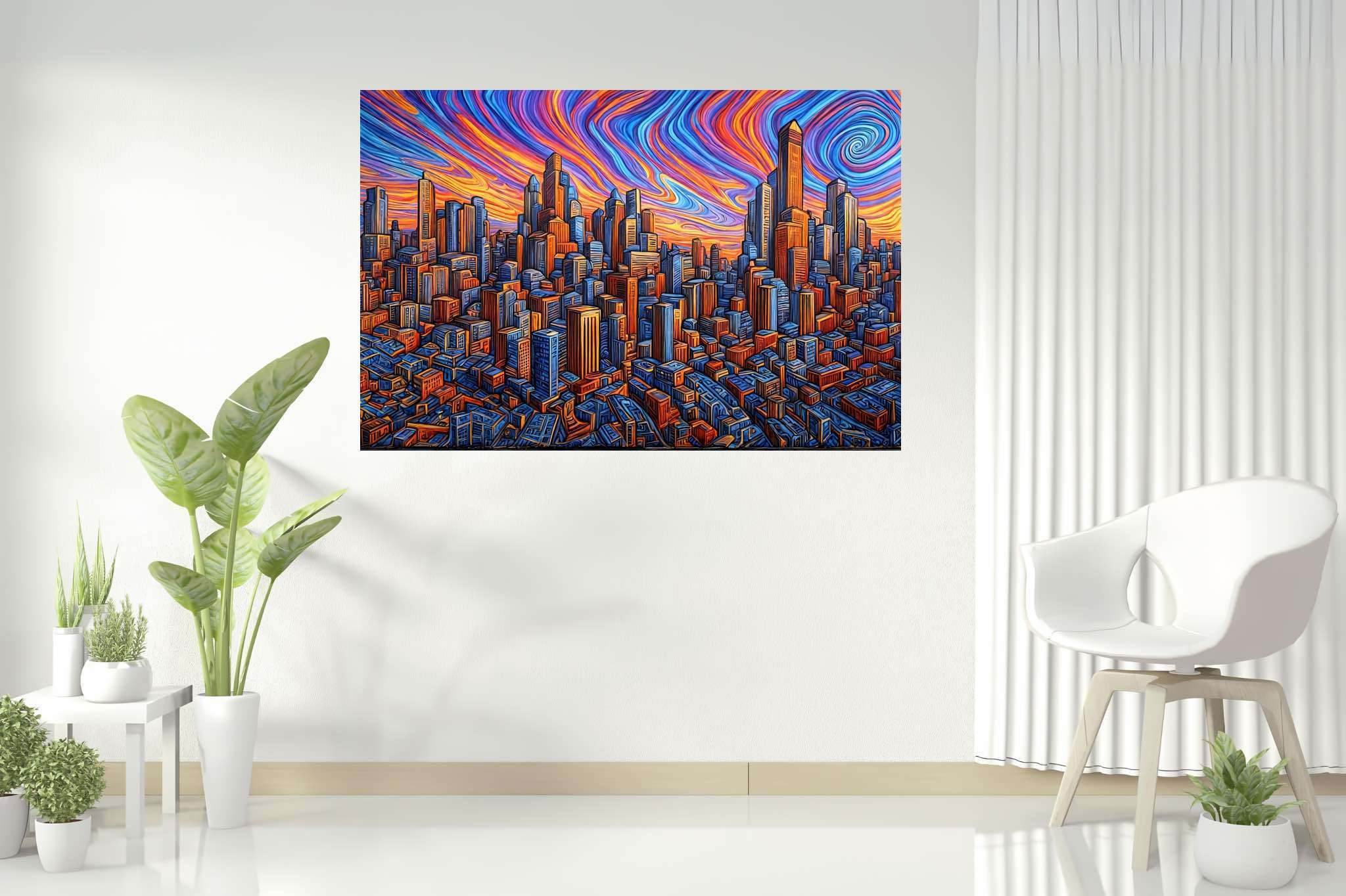 Urban lullaby at dusk: Sunset cityscape art with city skyline artwork, in a room with minimalist approach, gallery-quality artwork, and stylish accessories. The art can be printed on poster, framed poster, canvas, metal, acrylic or wood, exclusively at WallArtZen. Find this exact print at https://wallartzen.com/waz213