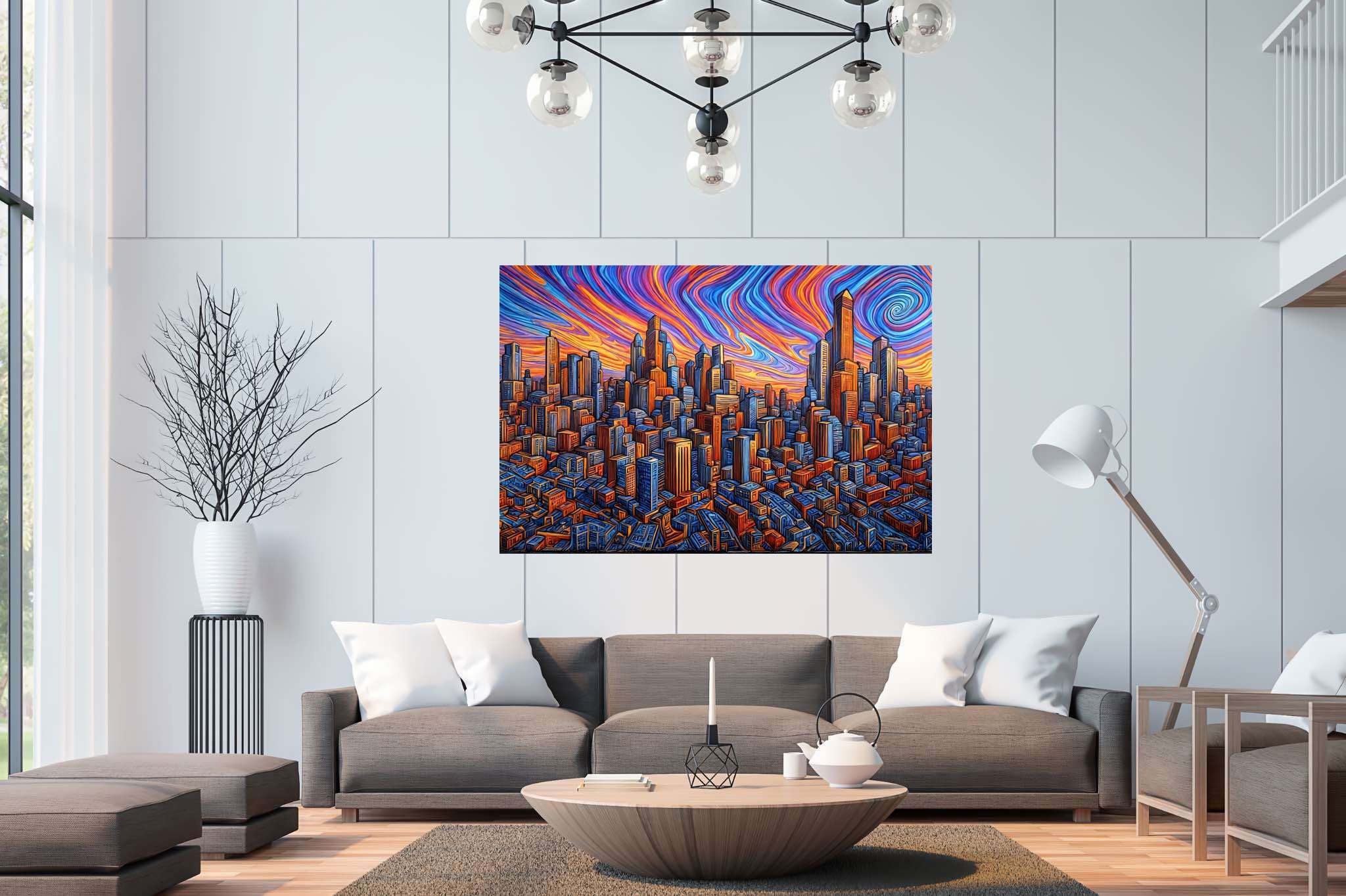 Urban lullaby at dusk: Sunset cityscape art with contemporary urban art, in a room with contemporary flair, framed art, and decorative pieces. The art can be printed on poster, framed poster, canvas, metal, acrylic or wood, exclusively at WallArtZen. Find this exact print at https://wallartzen.com/waz213