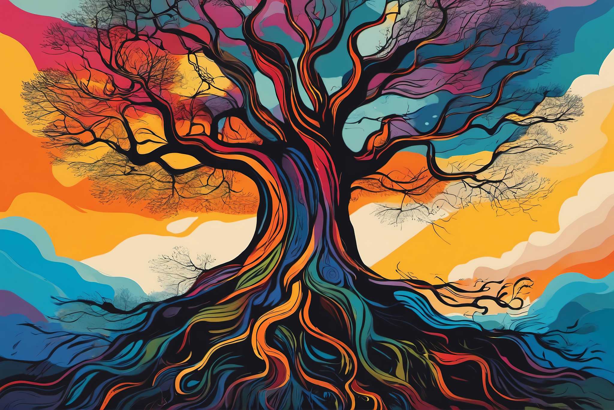 Aurora arborea dreamscape: Vibrant tree art with tree paintings, in a room with artistic style, photographic wall art, and interior decorations. The art can be printed on poster, framed poster, canvas, metal, acrylic or wood, exclusively at WallArtZen. Find this exact print at https://wallartzen.com/waz215