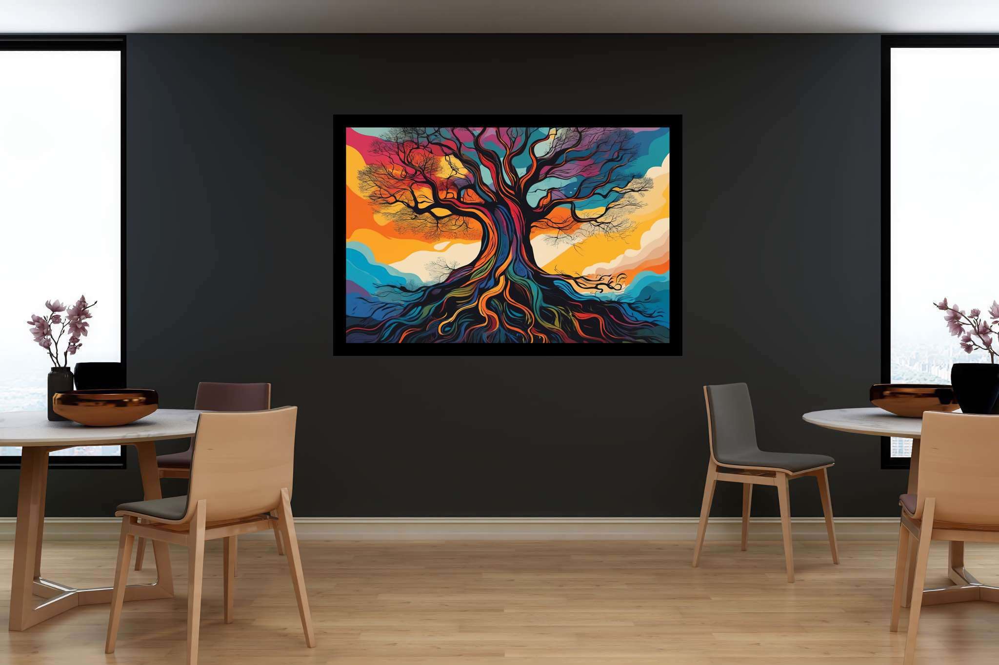 Aurora arborea dreamscape: Vibrant tree art with colorful landscapes, in a room with elegant layout, abstract paintings, and decorative pieces. The art can be printed on poster, framed poster, canvas, metal, acrylic or wood, exclusively at WallArtZen. Find this exact print at https://wallartzen.com/waz215