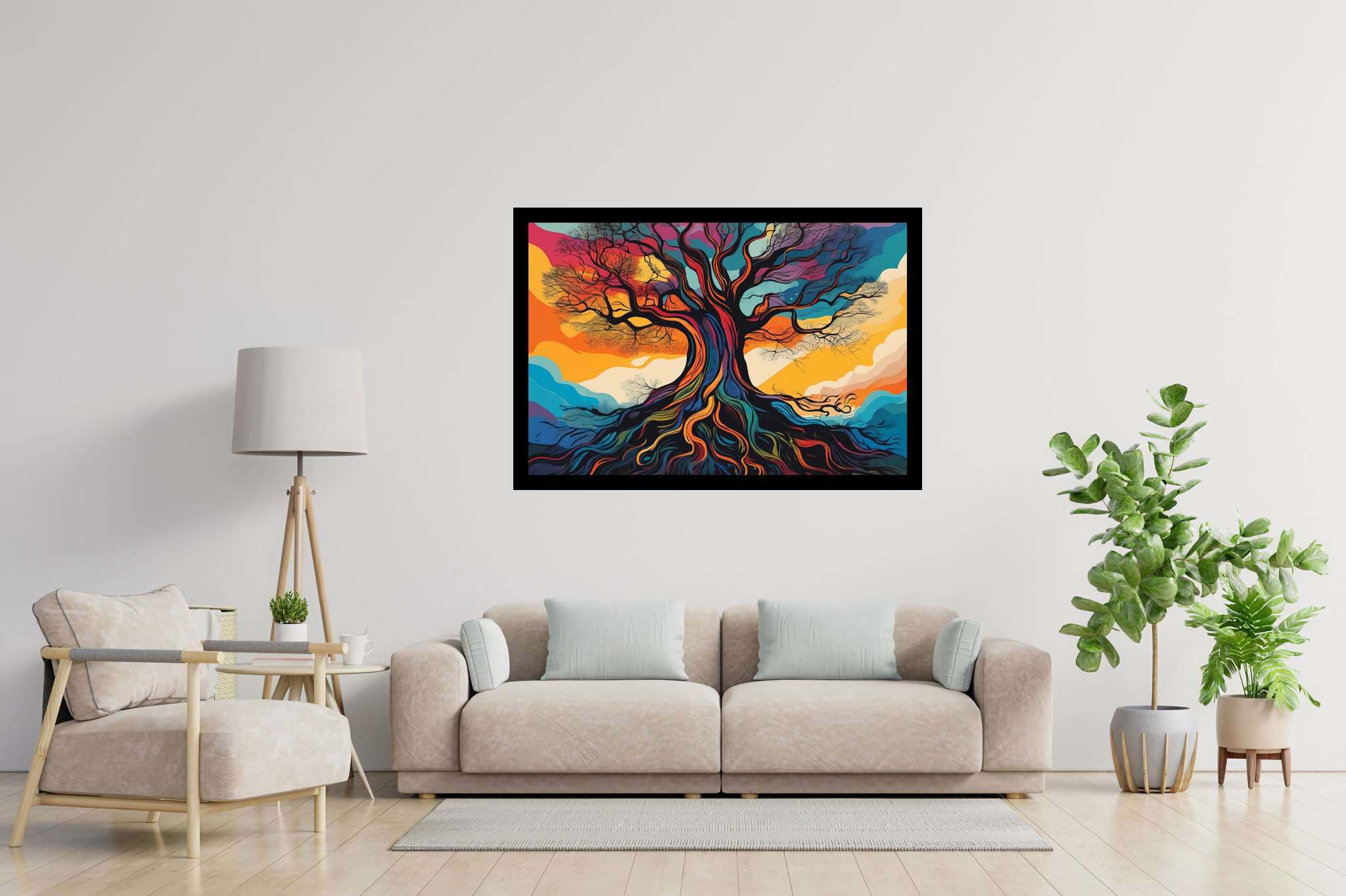 Aurora arborea dreamscape: Vibrant tree art with nature-inspired artwork, in a room with elegant layout, mural artworks, and decorative pieces. The art can be printed on poster, framed poster, canvas, metal, acrylic or wood, exclusively at WallArtZen. Find this exact print at https://wallartzen.com/waz215